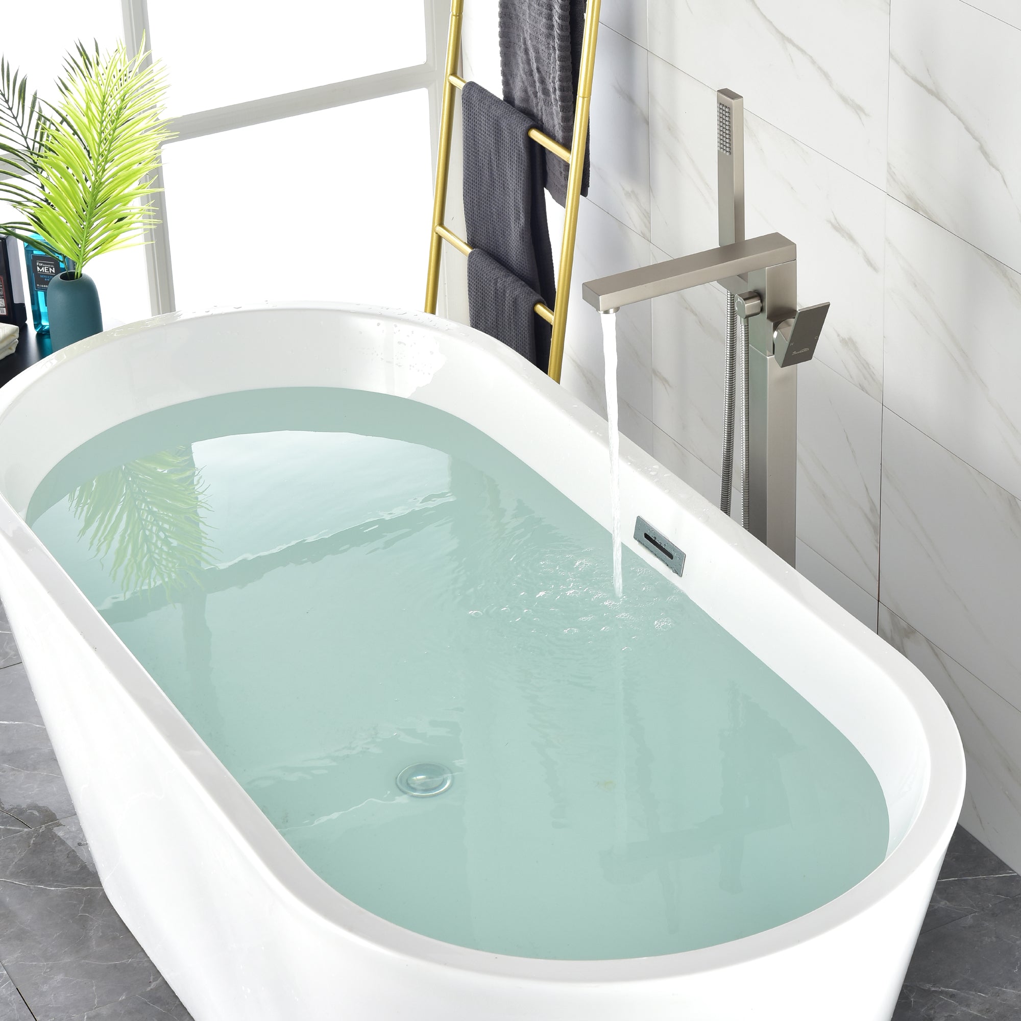 Luxury Freestanding Bathtub Faucet Single Handle Waterfall Tub Filler with Handheld Shower