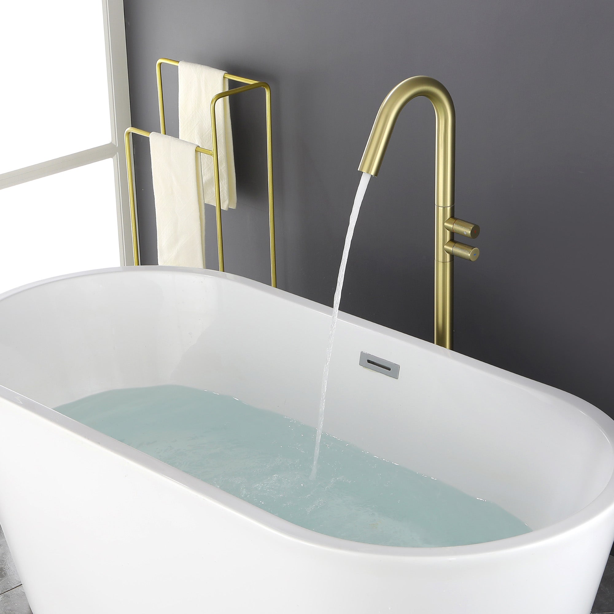 CUPC Freestanding Tub Filler Bathtub Faucet 360-Degree Rotating Floor Mounted Faucets in matte black, brushed nickel, brushed gold, brushed gun grey