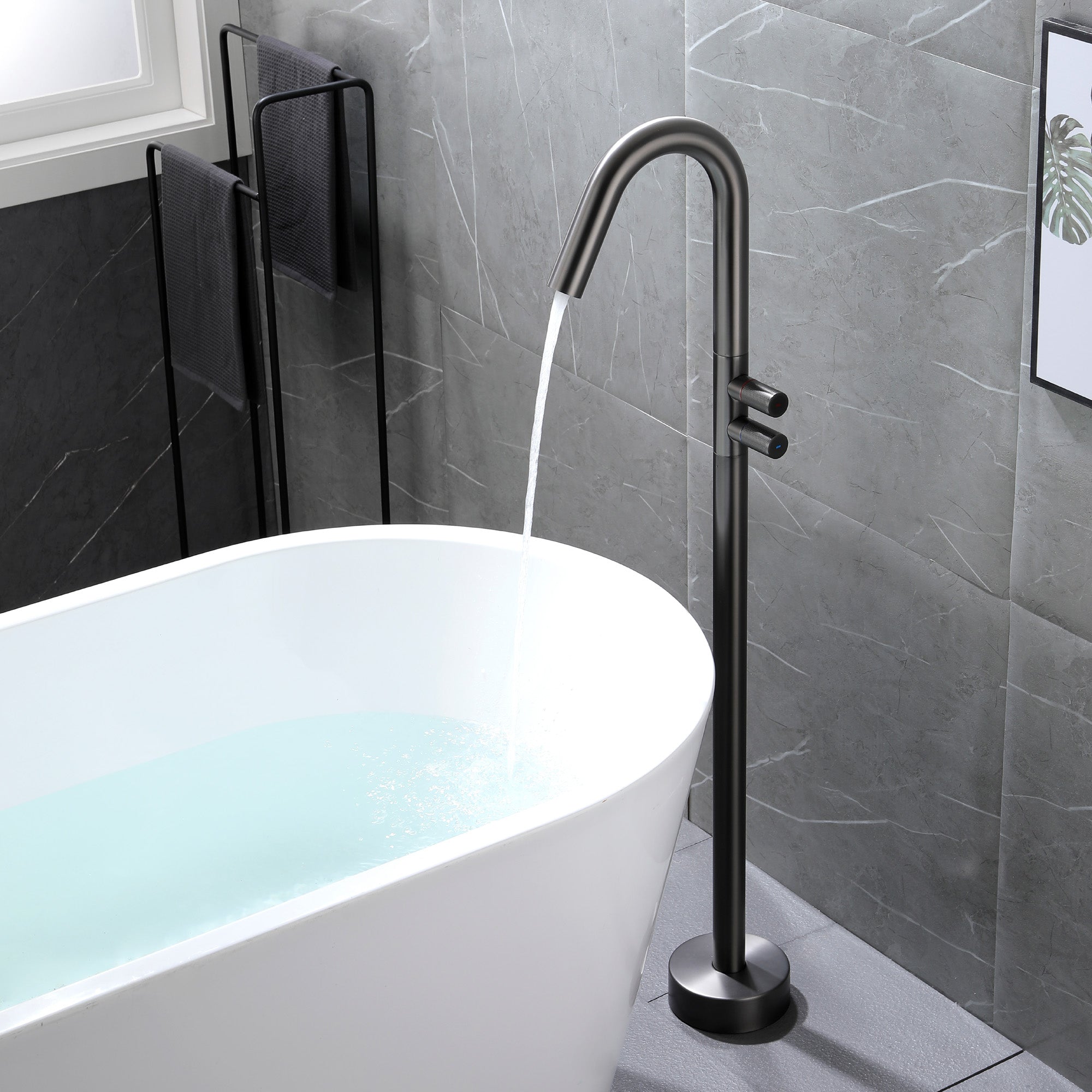 CUPC Freestanding Tub Filler Bathtub Faucet 360-Degree Rotating Floor Mounted Faucets in matte black, brushed nickel, brushed gold, brushed gun grey