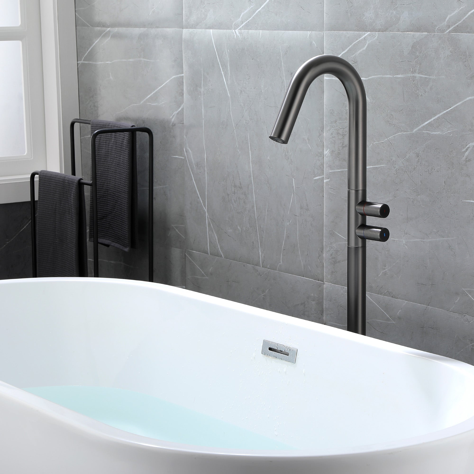 CUPC Freestanding Tub Filler Bathtub Faucet 360-Degree Rotating Floor Mounted Faucets in matte black, brushed nickel, brushed gold, brushed gun grey