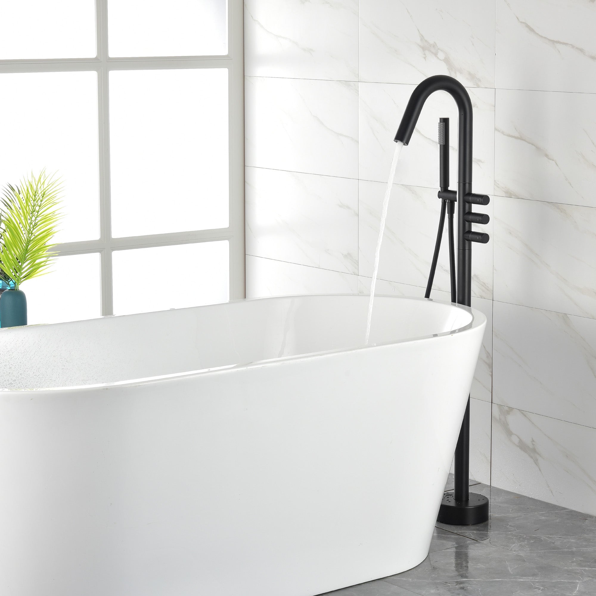 CUPC Freestanding Bathtub Faucet 3 Knob Bathroom Brass Floor Mounted Tub Filler with Hand Shower