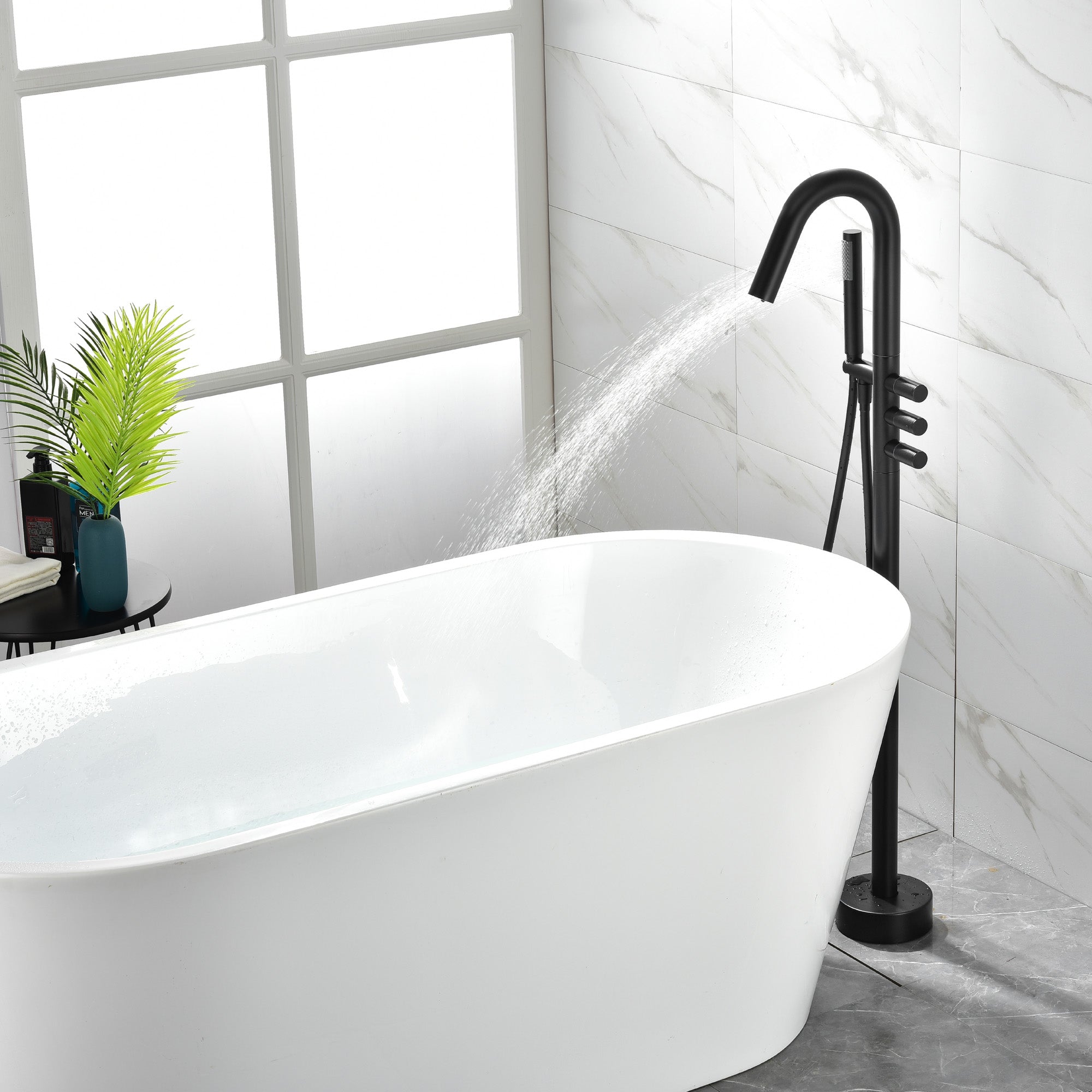 CUPC Freestanding Bathtub Faucet 3 Knob Bathroom Brass Floor Mounted Tub Filler with Hand Shower