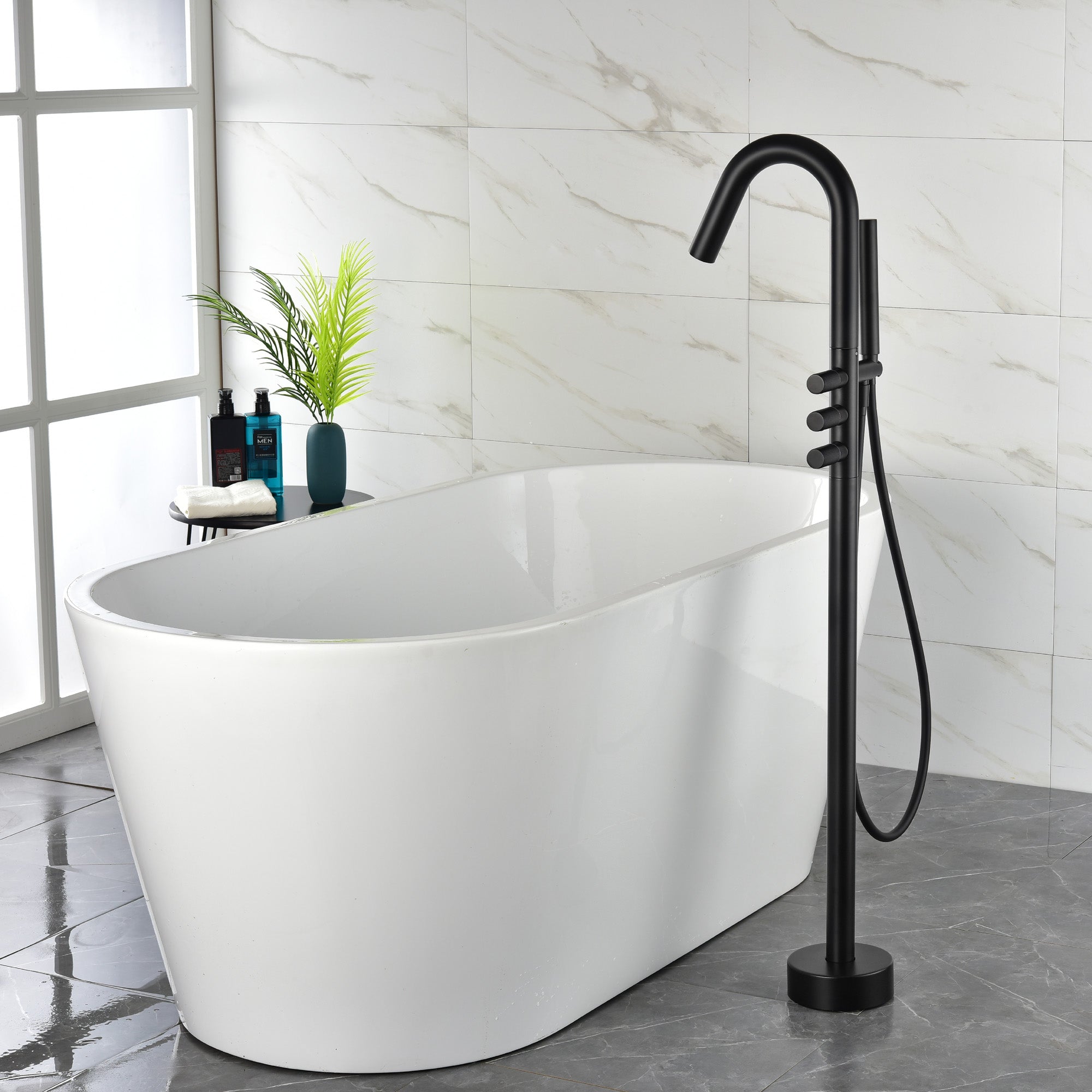 CUPC Freestanding Bathtub Faucet 3 Knob Bathroom Brass Floor Mounted Tub Filler with Hand Shower