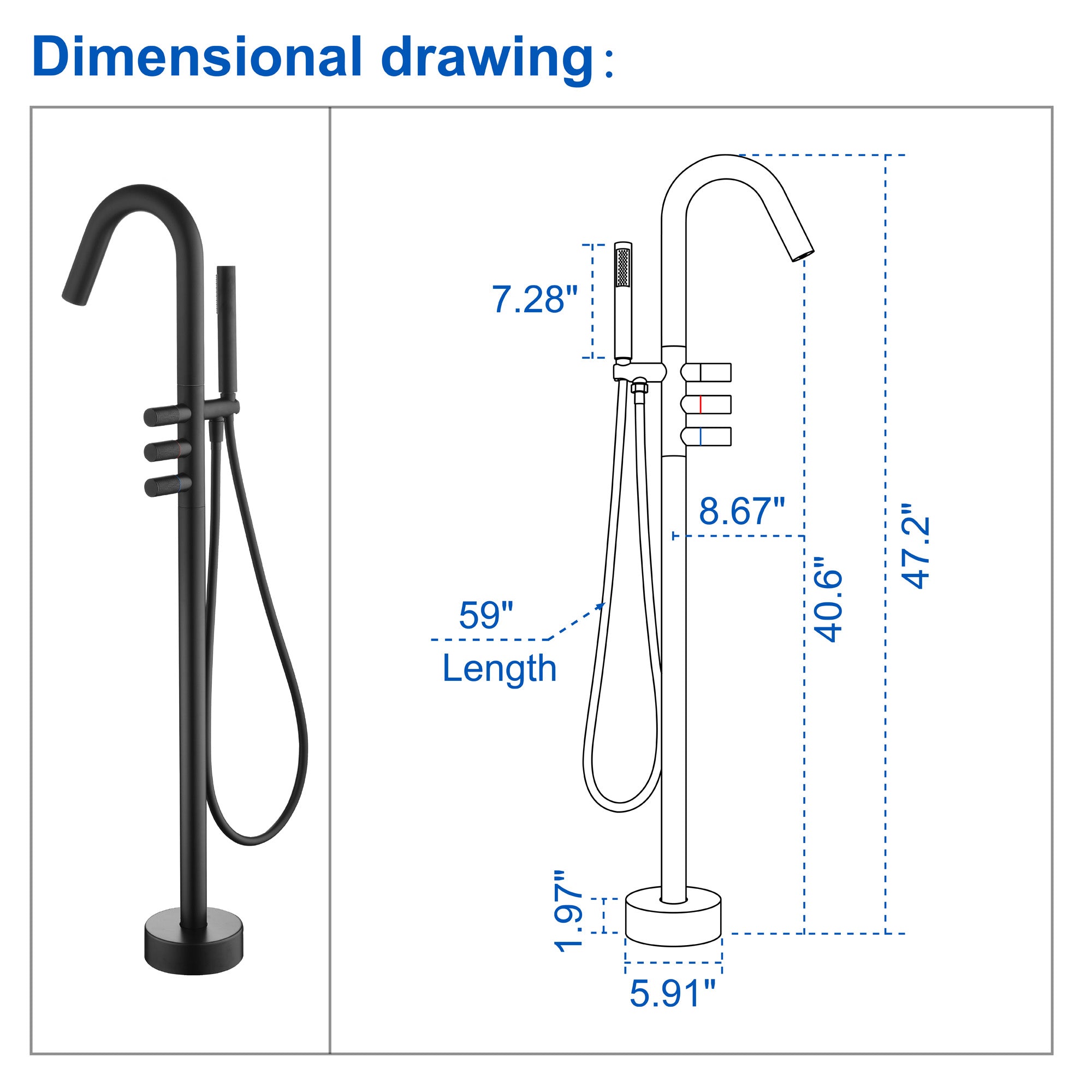 CUPC Freestanding Bathtub Faucet 3 Knob Bathroom Brass Floor Mounted Tub Filler with Hand Shower