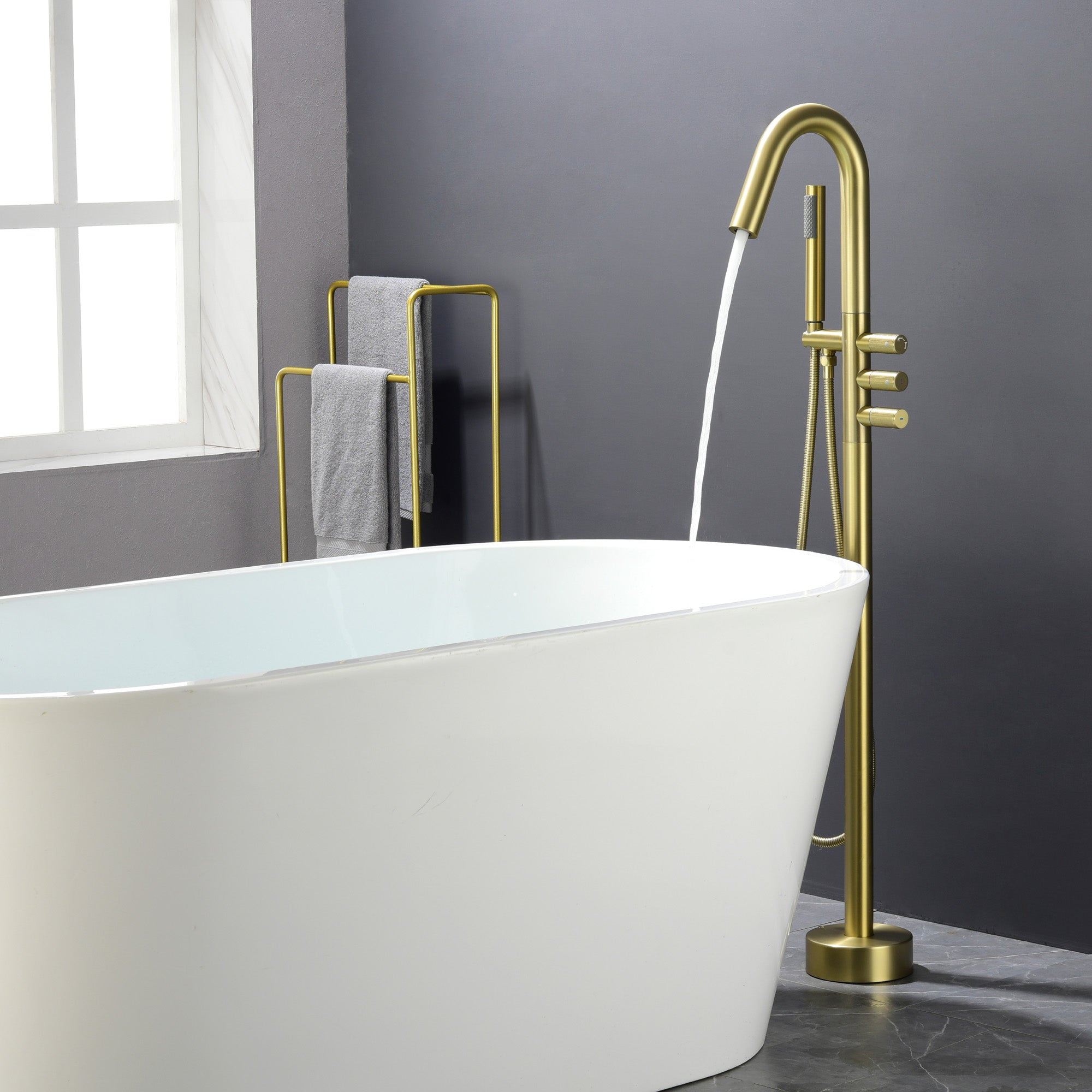 CUPC Freestanding Bathtub Faucet 3 Knob Bathroom Brass Floor Mounted Tub Filler with Hand Shower