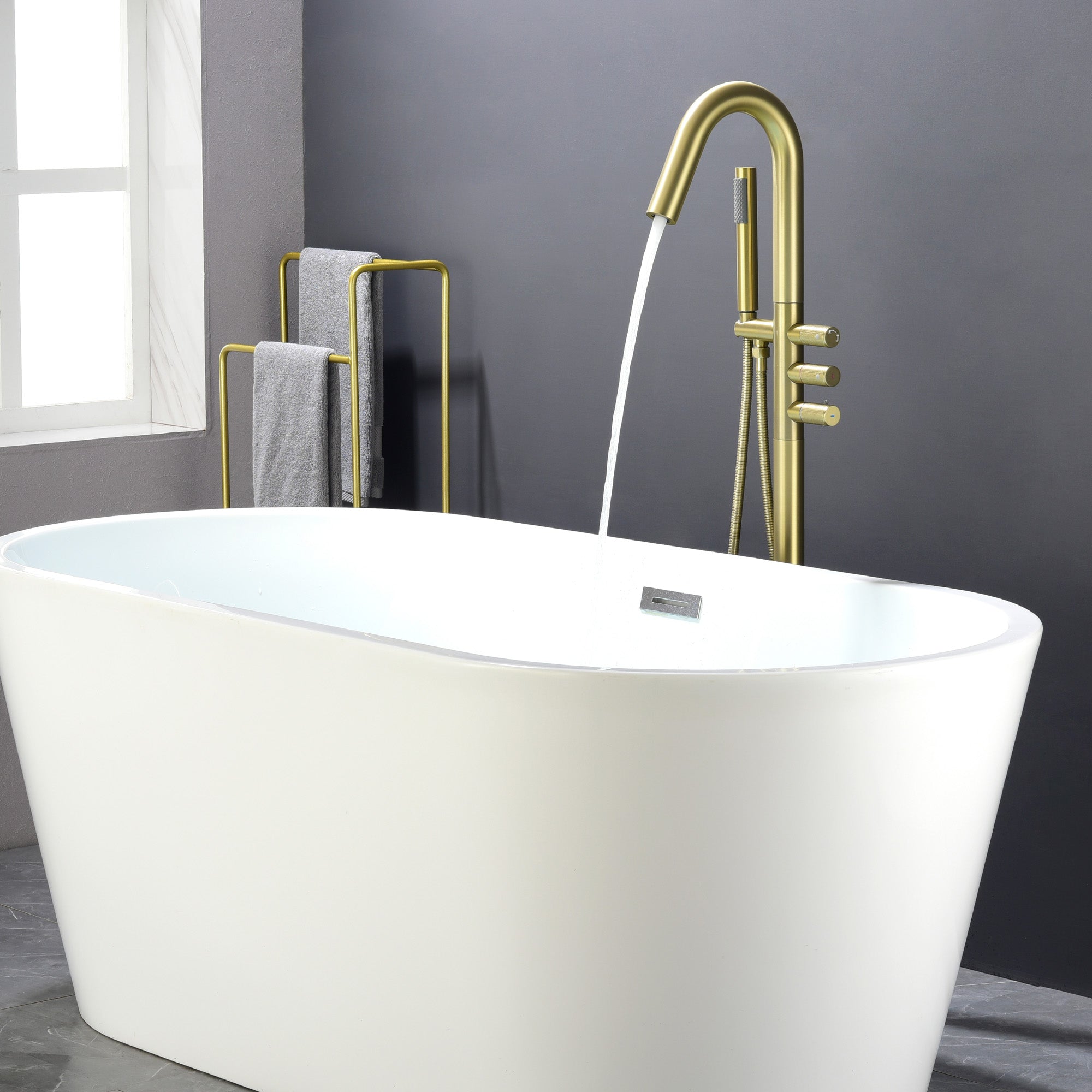 CUPC Freestanding Bathtub Faucet 3 Knob Bathroom Brass Floor Mounted Tub Filler with Hand Shower