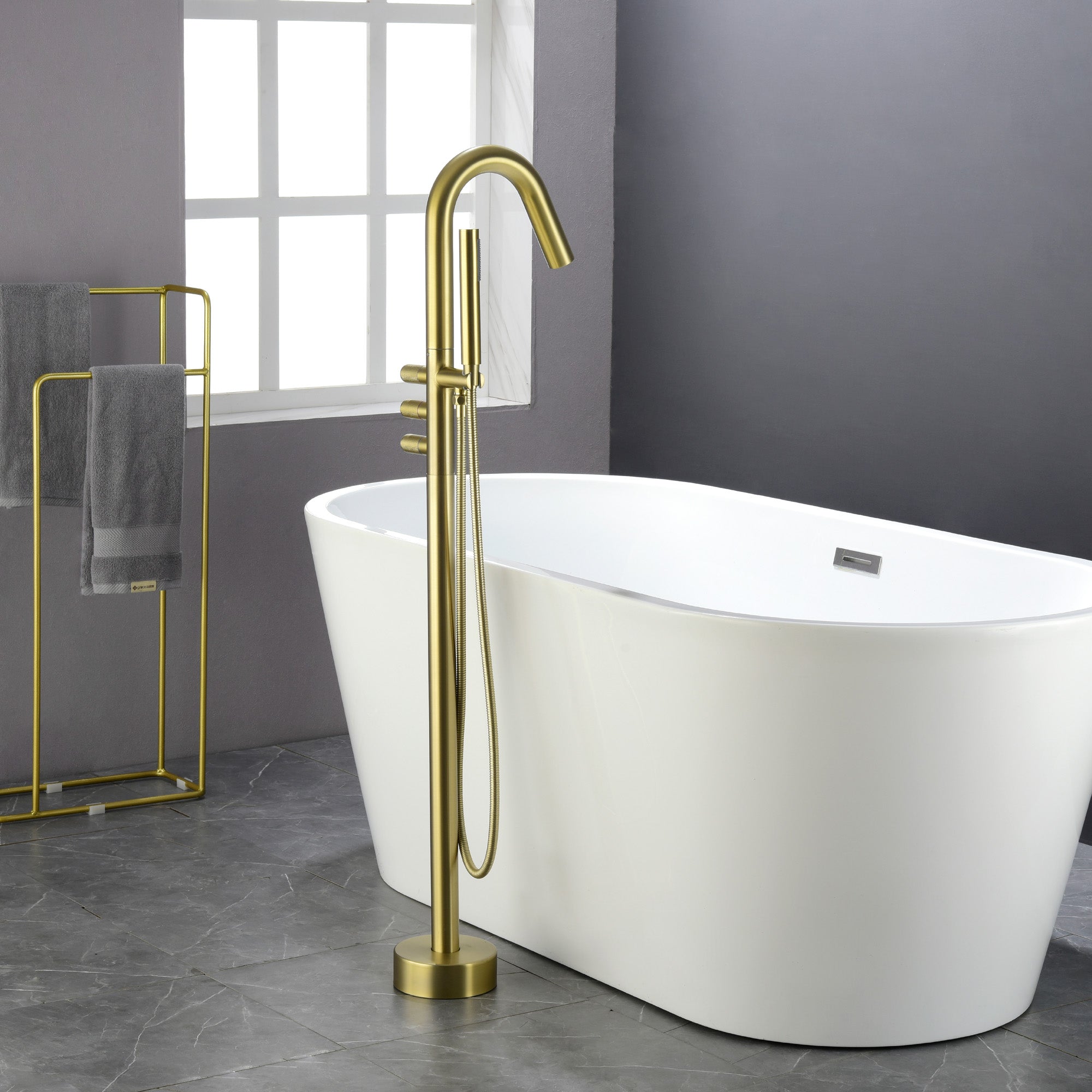CUPC Freestanding Bathtub Faucet 3 Knob Bathroom Brass Floor Mounted Tub Filler with Hand Shower