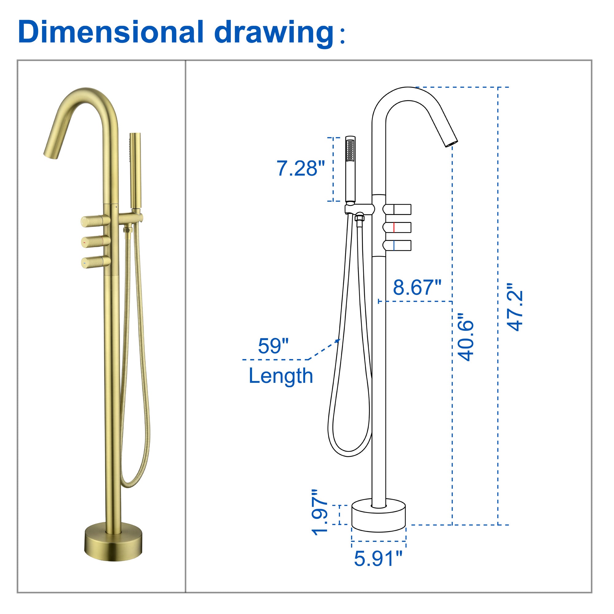 CUPC Freestanding Bathtub Faucet 3 Knob Bathroom Brass Floor Mounted Tub Filler with Hand Shower