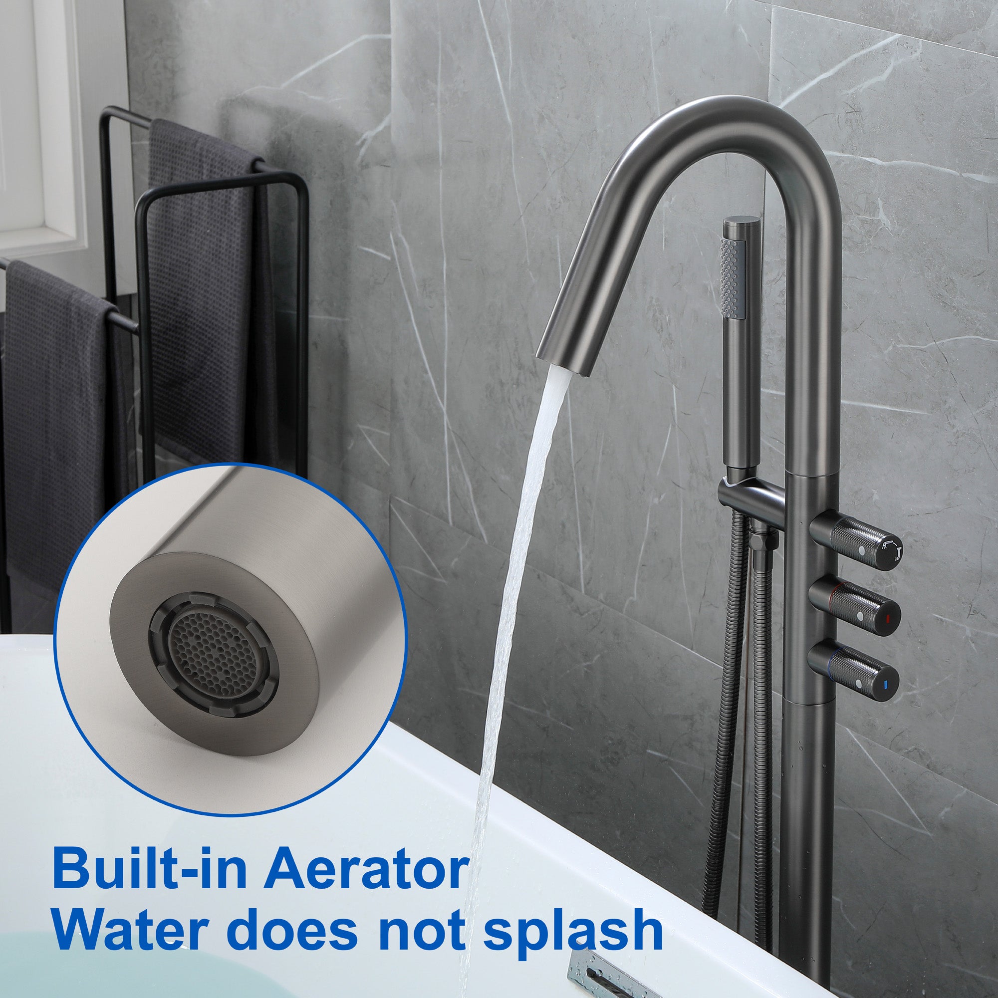 CUPC Freestanding Bathtub Faucet 3 Knob Bathroom Brass Floor Mounted Tub Filler with Hand Shower