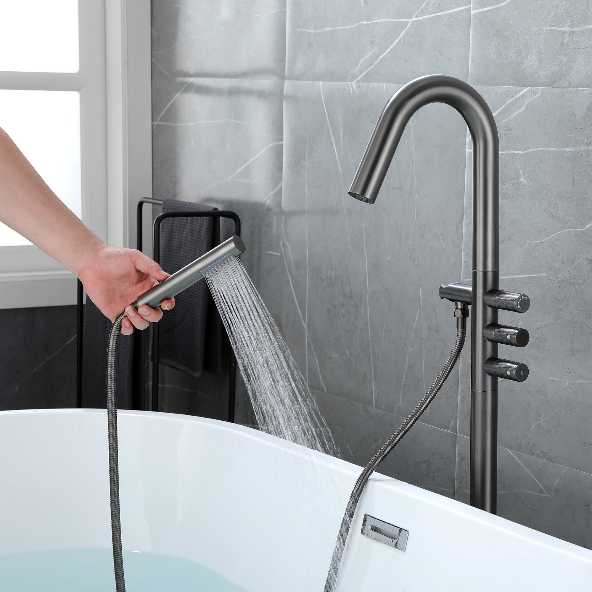 CUPC Freestanding Bathtub Faucet 3 Knob Bathroom Brass Floor Mounted Tub Filler with Hand Shower