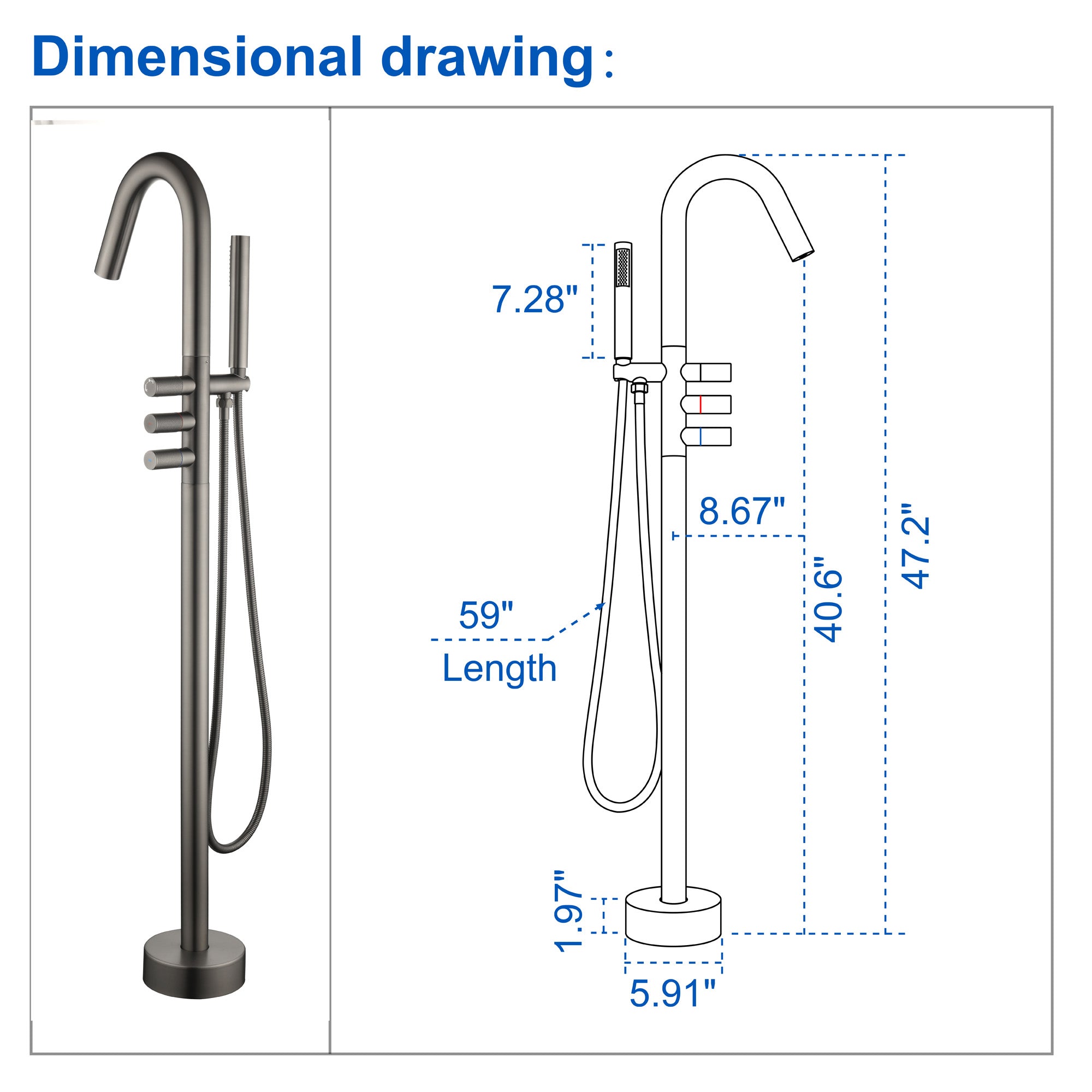 CUPC Freestanding Bathtub Faucet 3 Knob Bathroom Brass Floor Mounted Tub Filler with Hand Shower