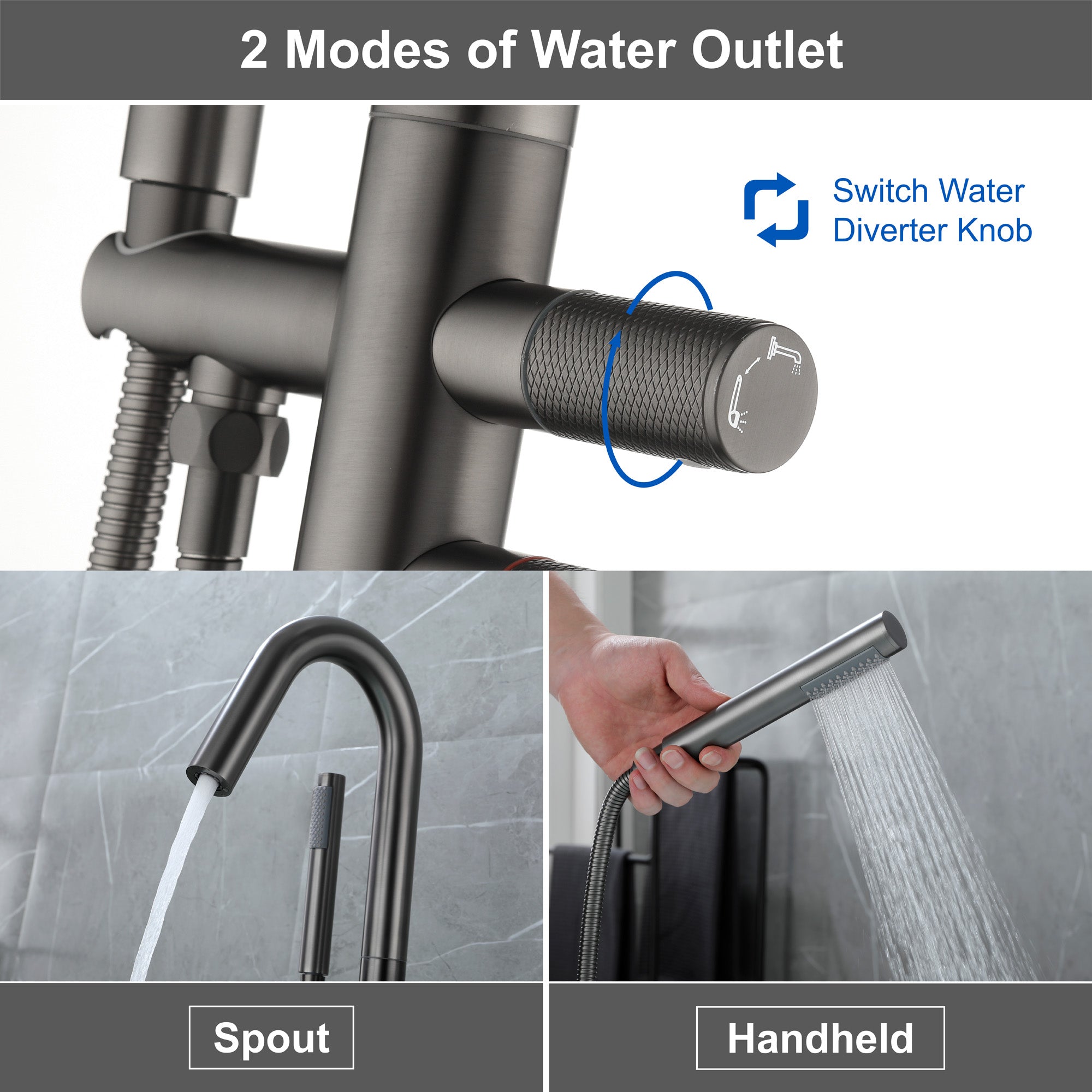 CUPC Freestanding Bathtub Faucet 3 Knob Bathroom Brass Floor Mounted Tub Filler with Hand Shower