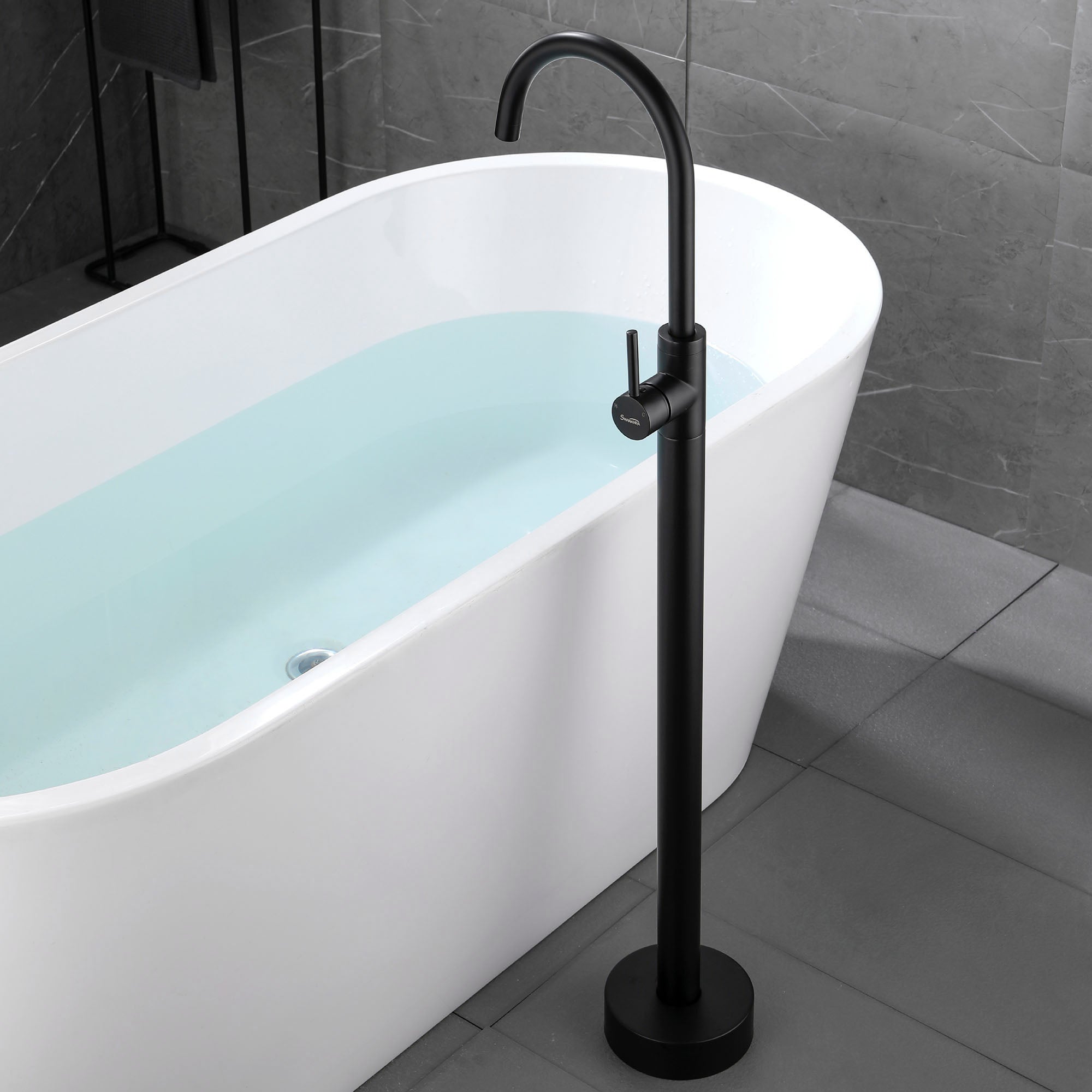 360° Rotation Freestanding Bathtub Faucet One Function Floor Mount Tub Filler in Brushed Gold, Matte Black, Brushed Nickel