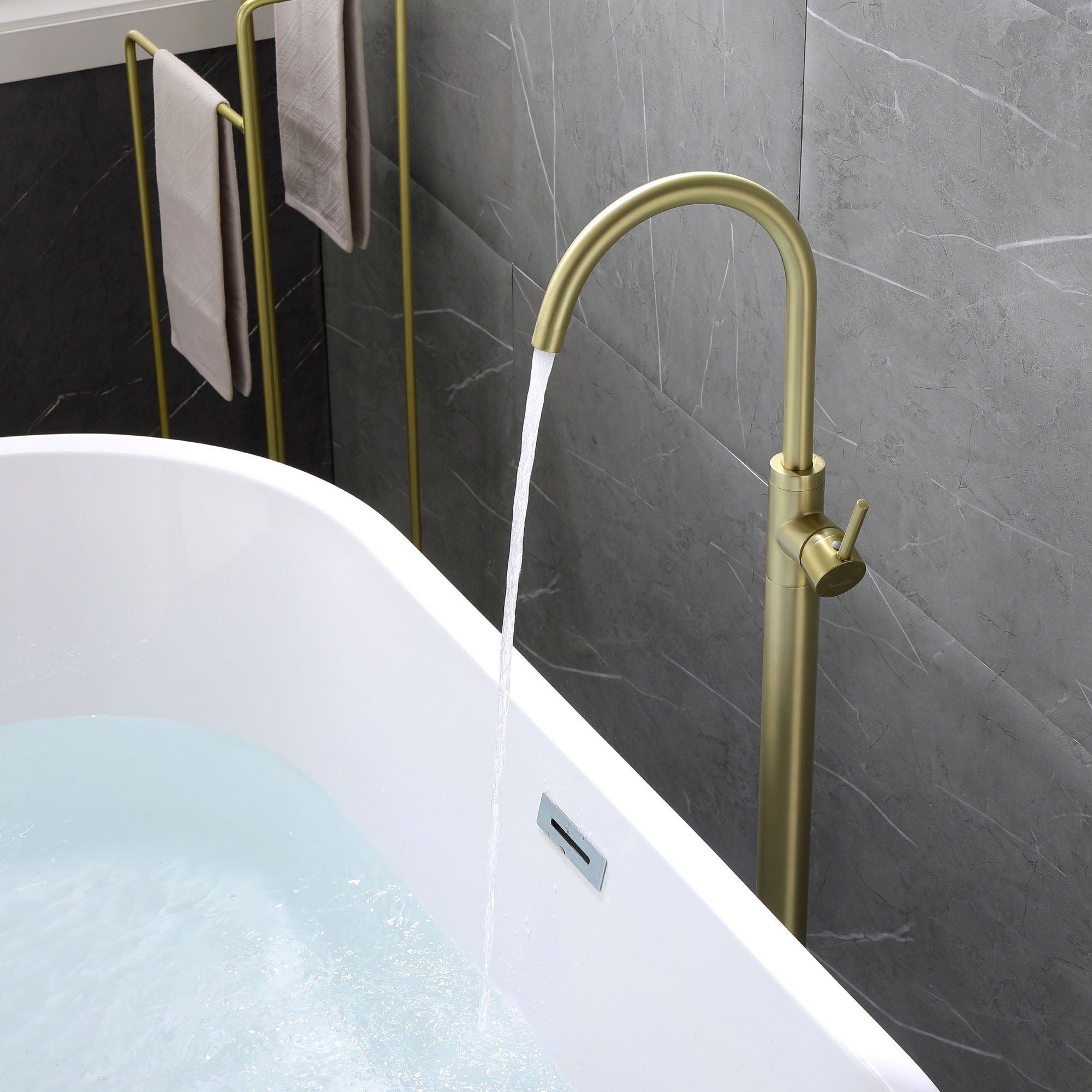 360° Rotation Freestanding Bathtub Faucet One Function Floor Mount Tub Filler in Brushed Gold, Matte Black, Brushed Nickel