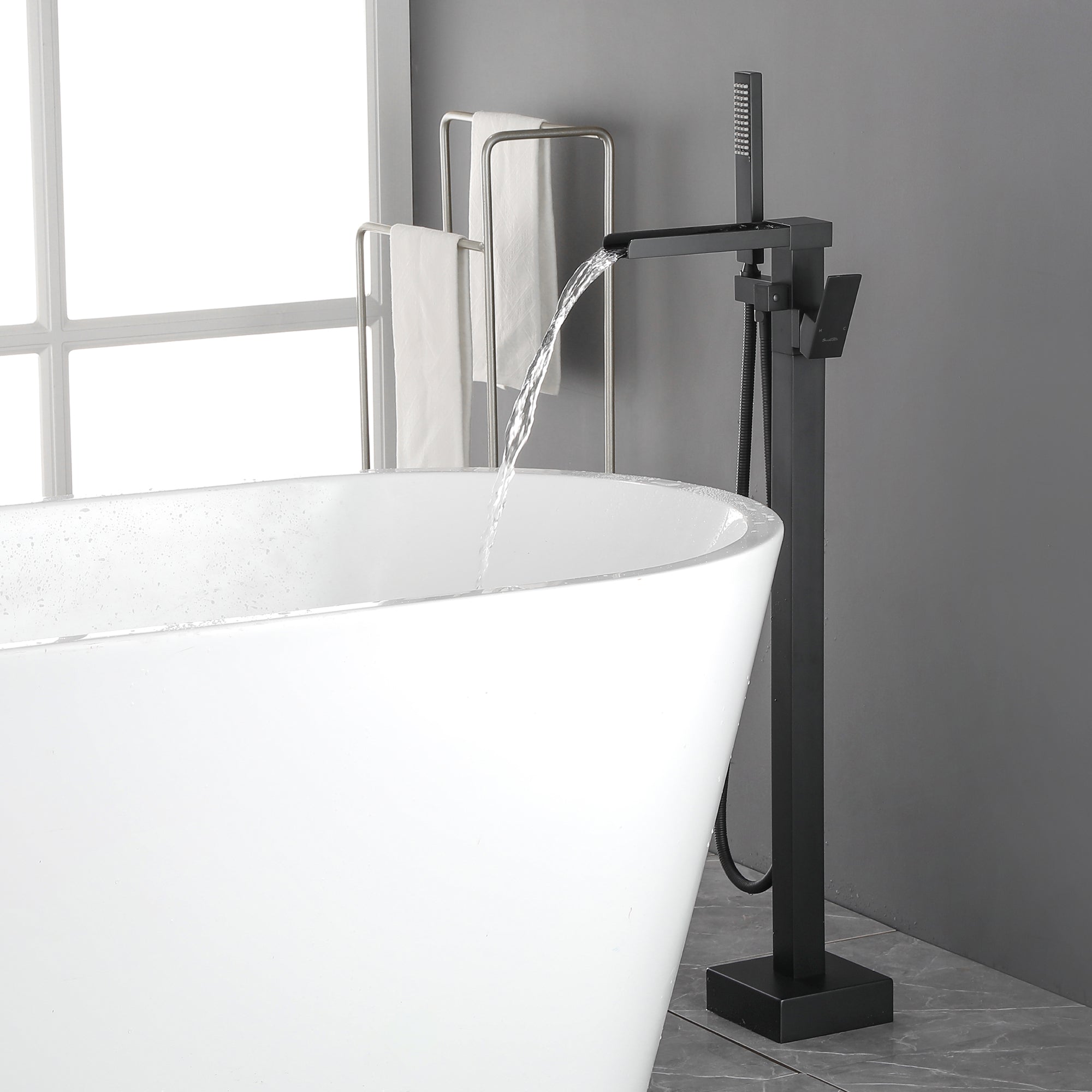 Freestanding Bathtub Faucet Single Handle Waterfall Tub Filler with Handheld Shower Brushed Gold