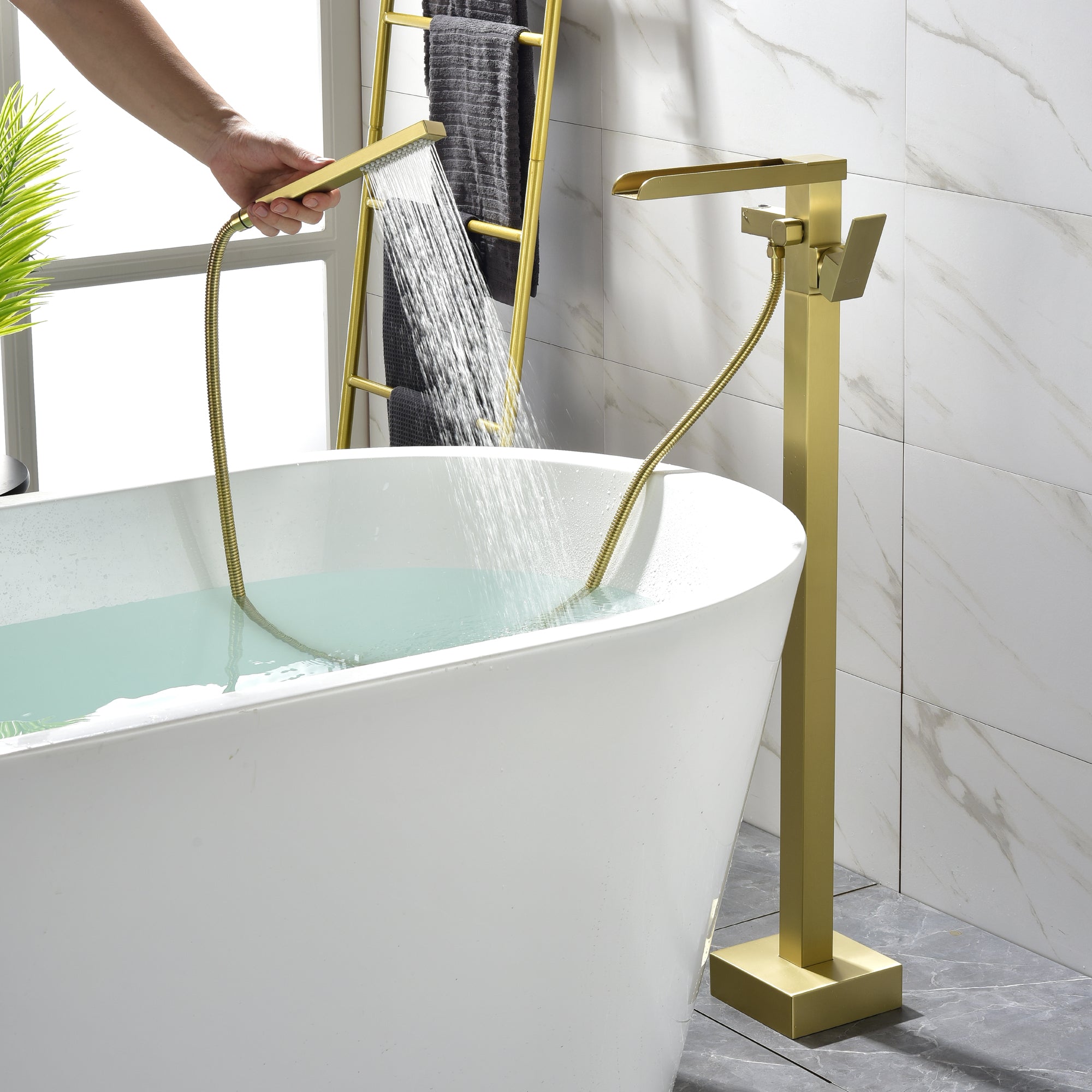 Freestanding Bathtub Faucet Single Handle Waterfall Tub Filler with Handheld Shower Brushed Gold