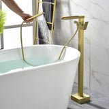 Freestanding Bathtub Faucet Single Handle Waterfall Tub Filler with Handheld Shower Brushed Gold