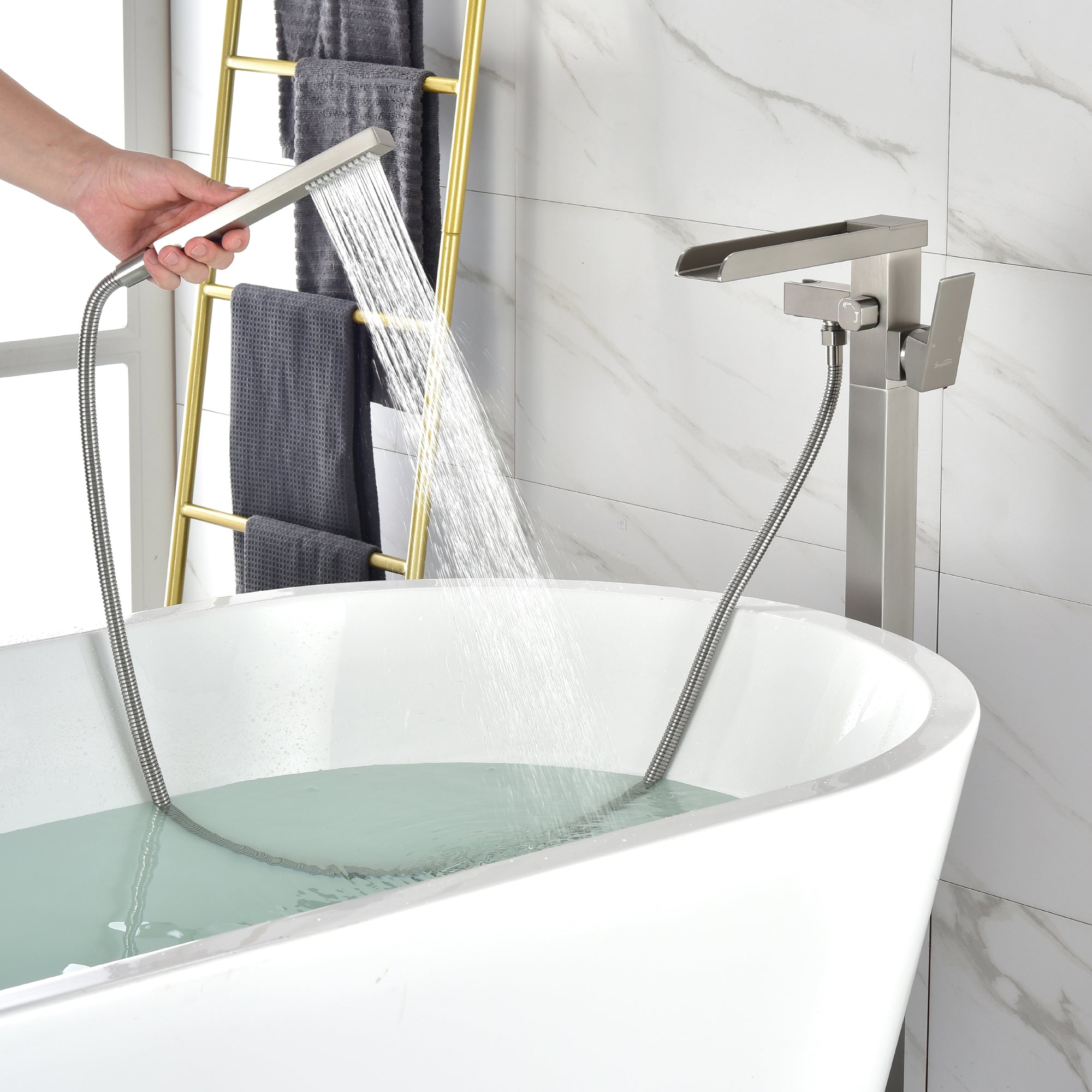 Freestanding Bathtub Faucet Single Handle Waterfall Tub Filler with Handheld Shower Brushed Gold