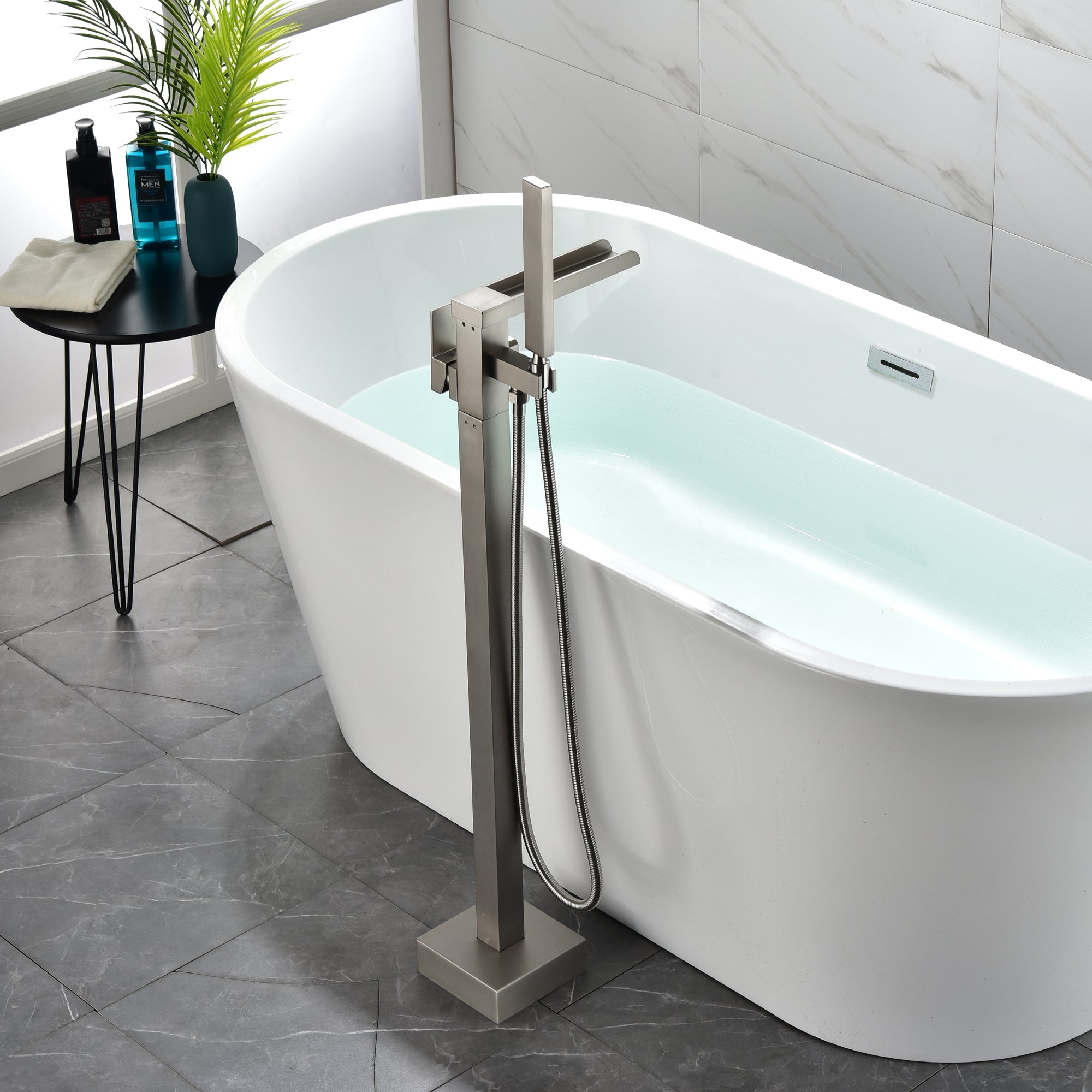 Freestanding Bathtub Faucet Single Handle Waterfall Tub Filler with Handheld Shower Brushed Gold
