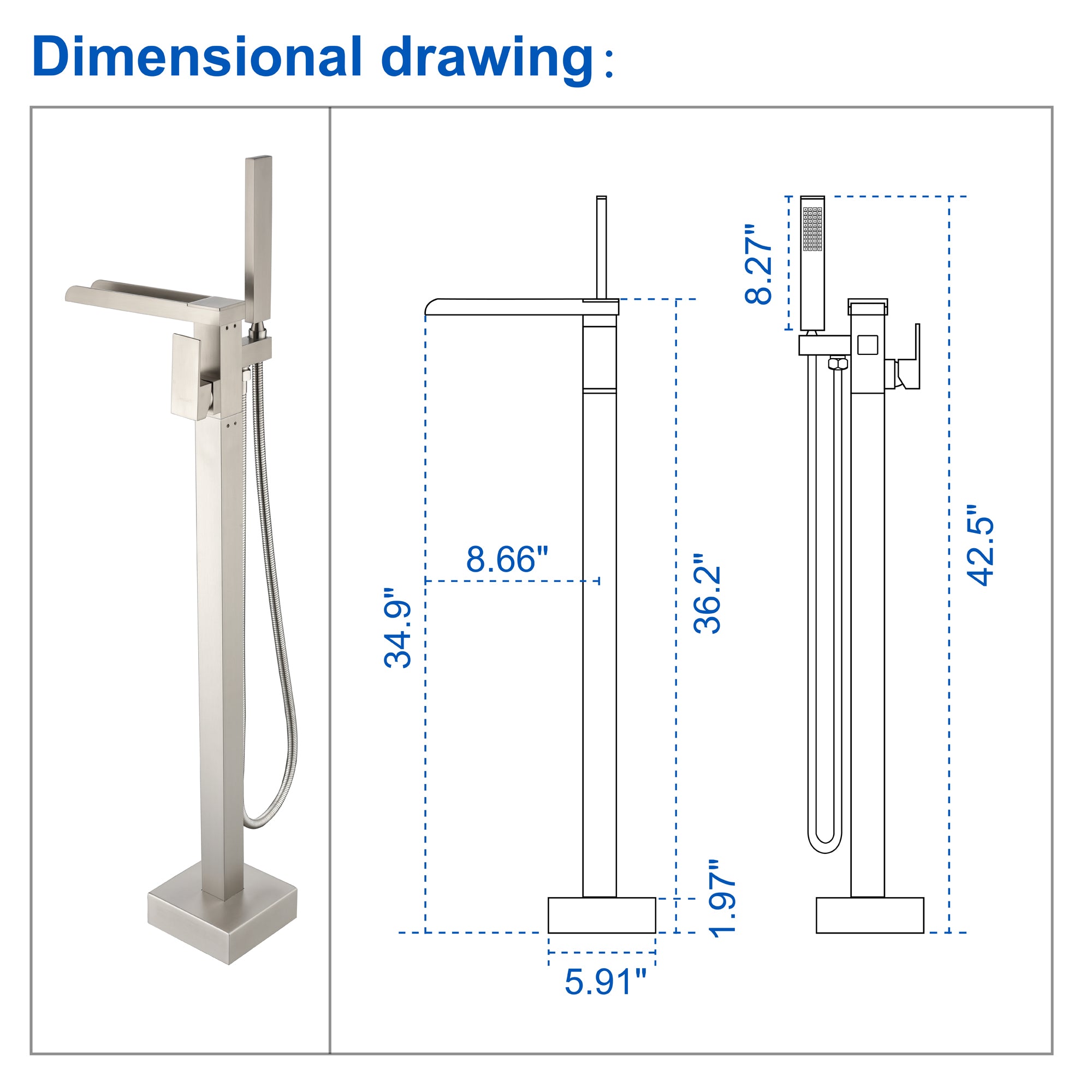 Freestanding Bathtub Faucet Single Handle Waterfall Tub Filler with Handheld Shower Brushed Gold