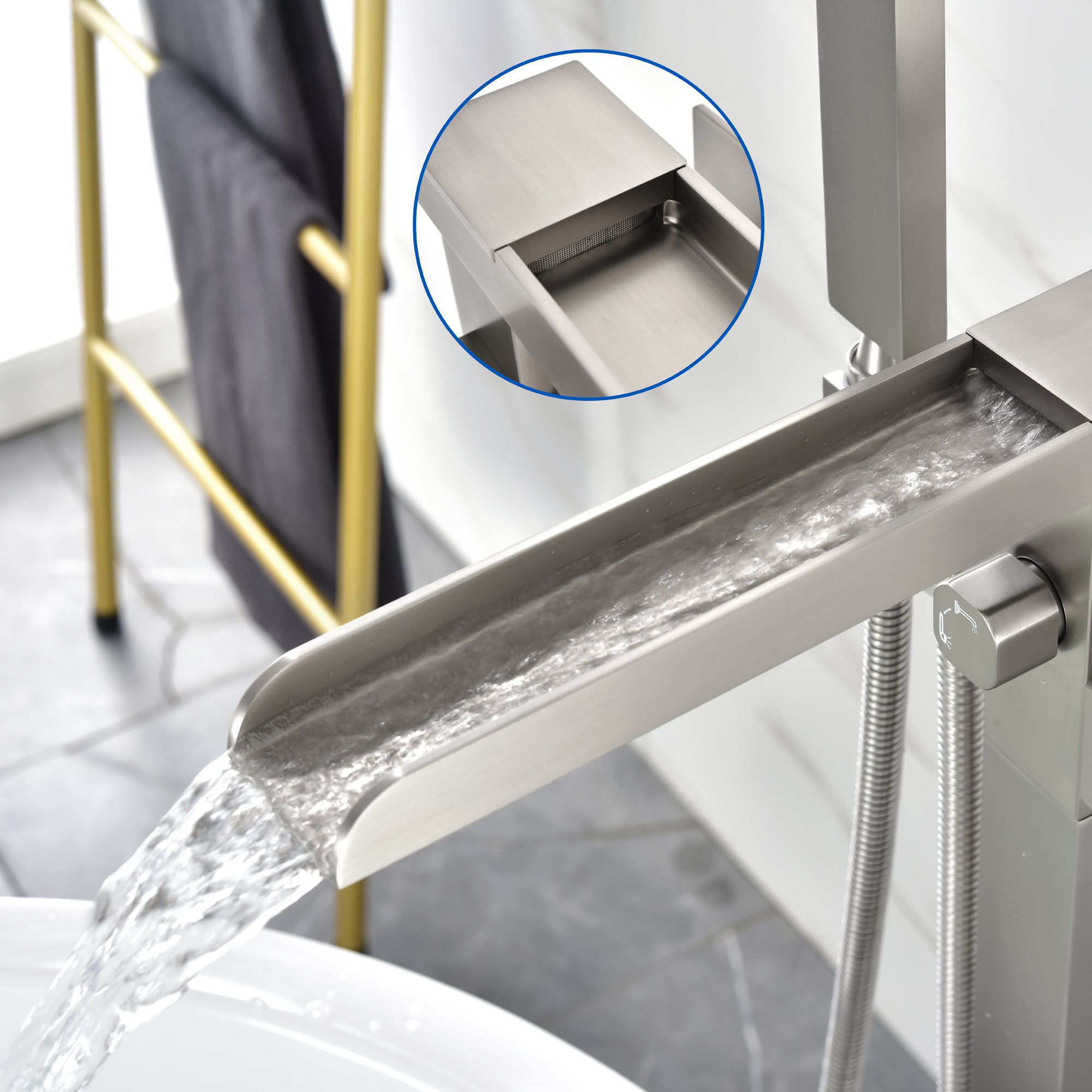 Freestanding Bathtub Faucet Single Handle Waterfall Tub Filler with Handheld Shower Brushed Gold