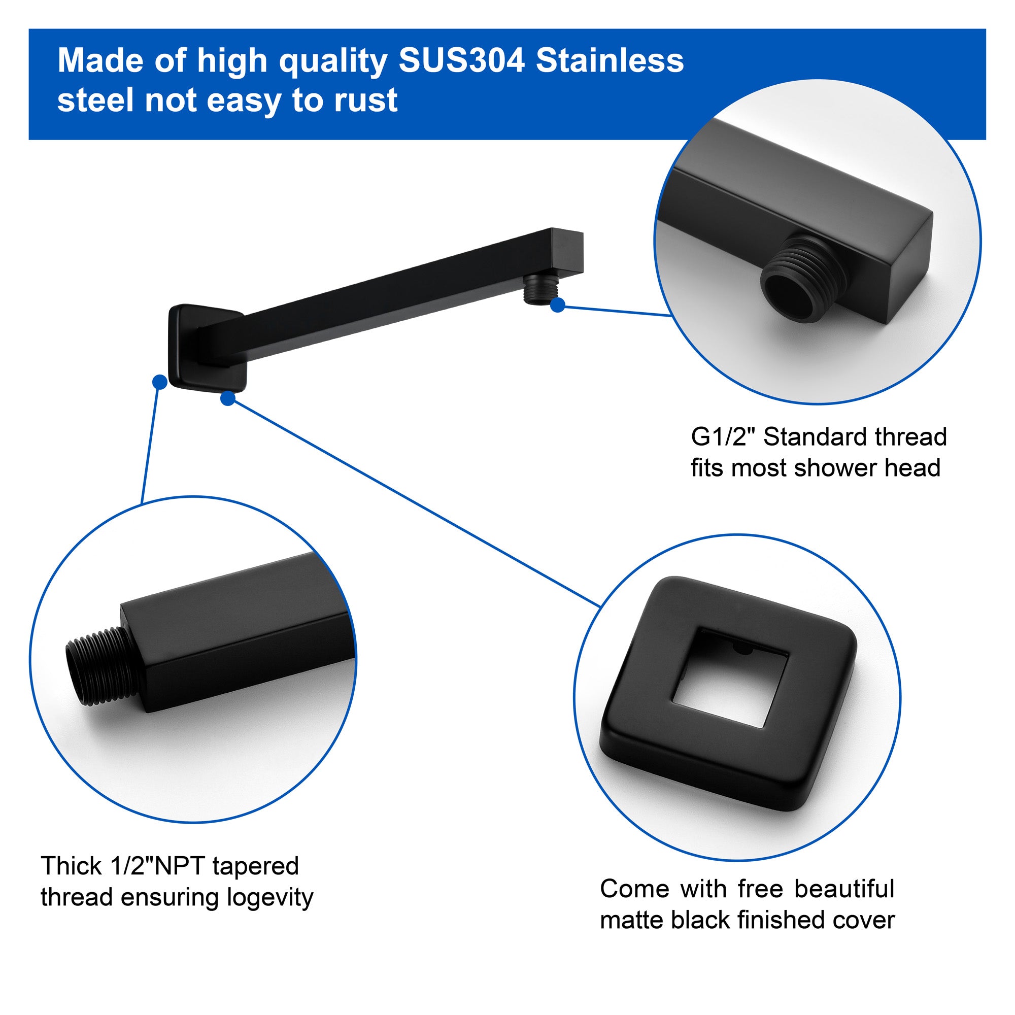 SHAMANDA 16-Inch Brass Shower Extension Arm, Matte Black Universal Shower Straight Wall Mount Shower Arm with Flange for 10"/12" Bathroom Rainfall Showerhead