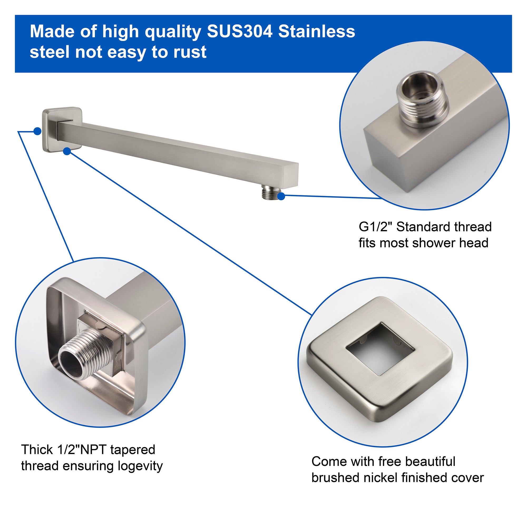 SHAMANDA 16-Inch Brass Shower Extension Arm, Matte Black Universal Shower Straight Wall Mount Shower Arm with Flange for 10"/12" Bathroom Rainfall Showerhead