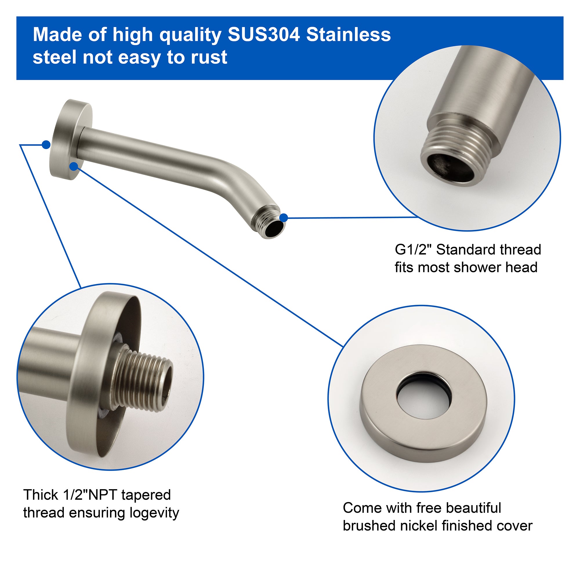 Shower Arm with Flange 6 Inches Wall Mount Replacement Angle Shower Head Arm Wall-Mounted For Fixed Shower Head & Handheld Showerhead