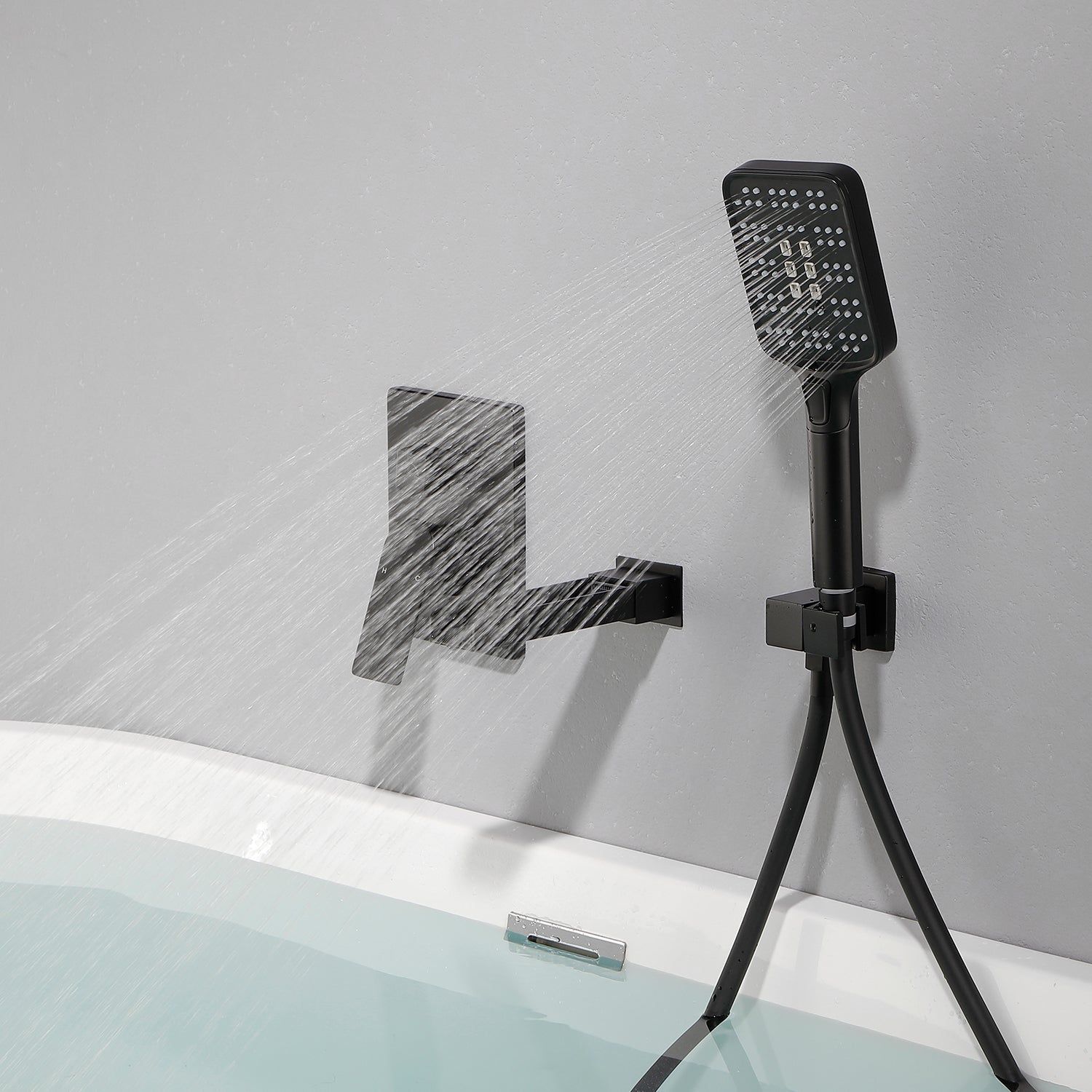 Wall Mount Waterfall Bathtub Faucets with Sprayer Tub Filler Faucet Tub Shower Faucet Set with Rough-in Valve Trim Kit