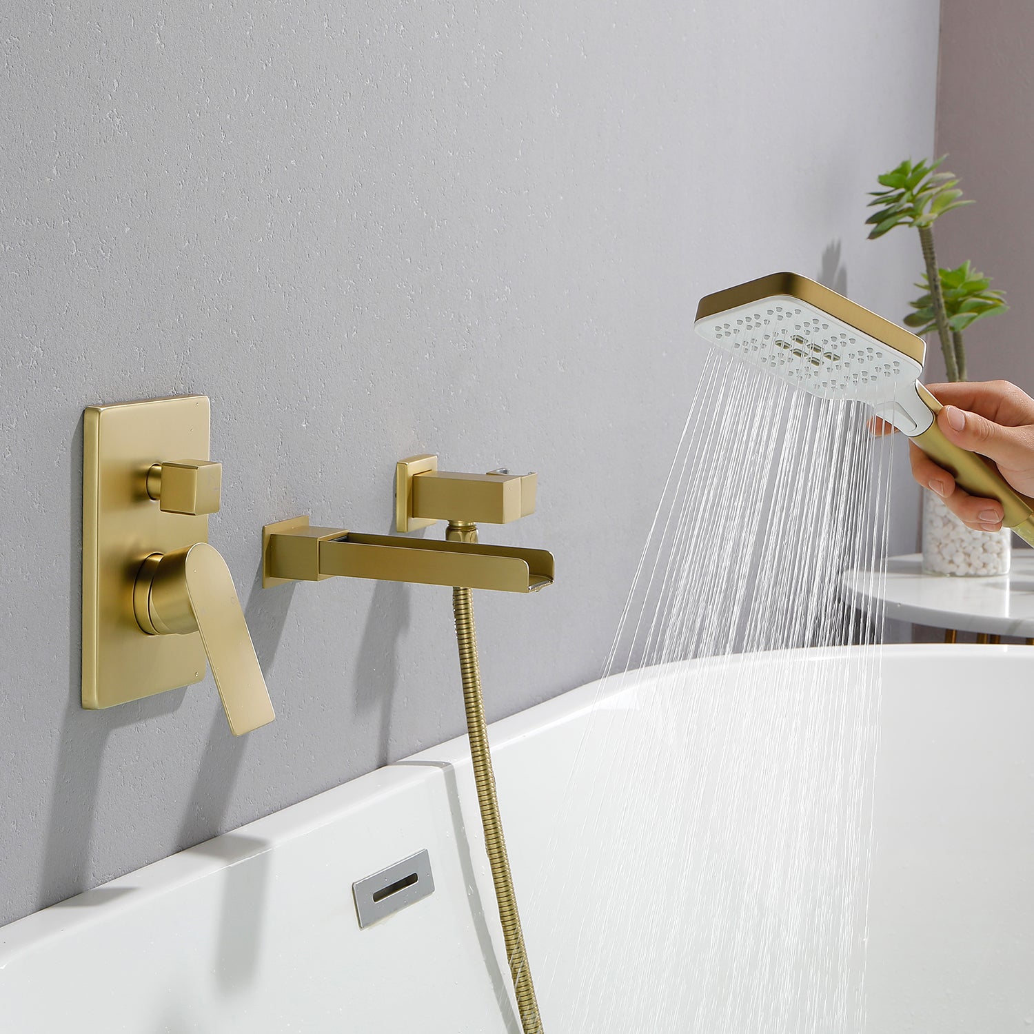 Wall Mount Waterfall Bathtub Faucets with Sprayer Tub Filler Faucet Tub Shower Faucet Set with Rough-in Valve Trim Kit