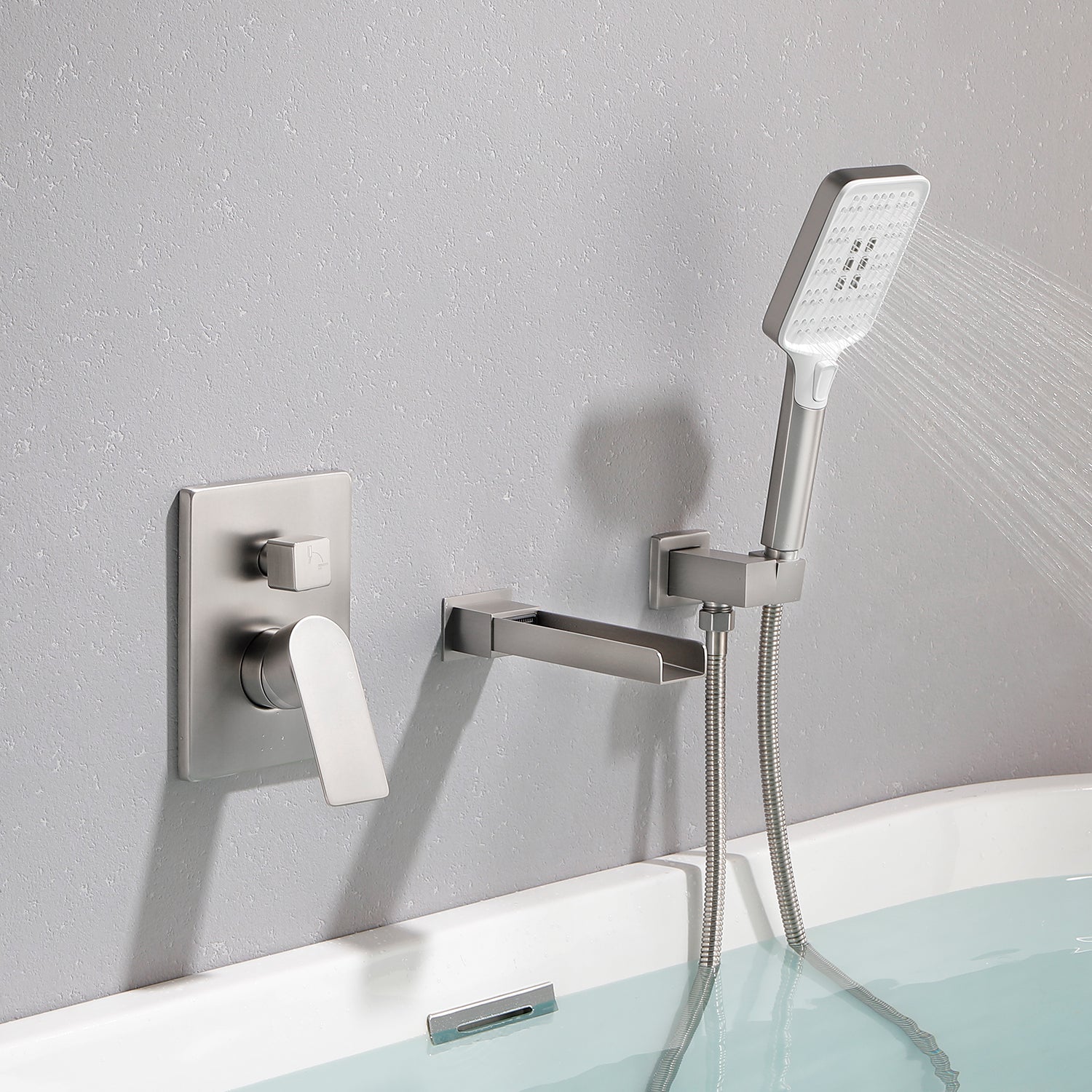 Wall Mount Waterfall Bathtub Faucets with Sprayer Tub Filler Faucet Tub Shower Faucet Set with Rough-in Valve Trim Kit