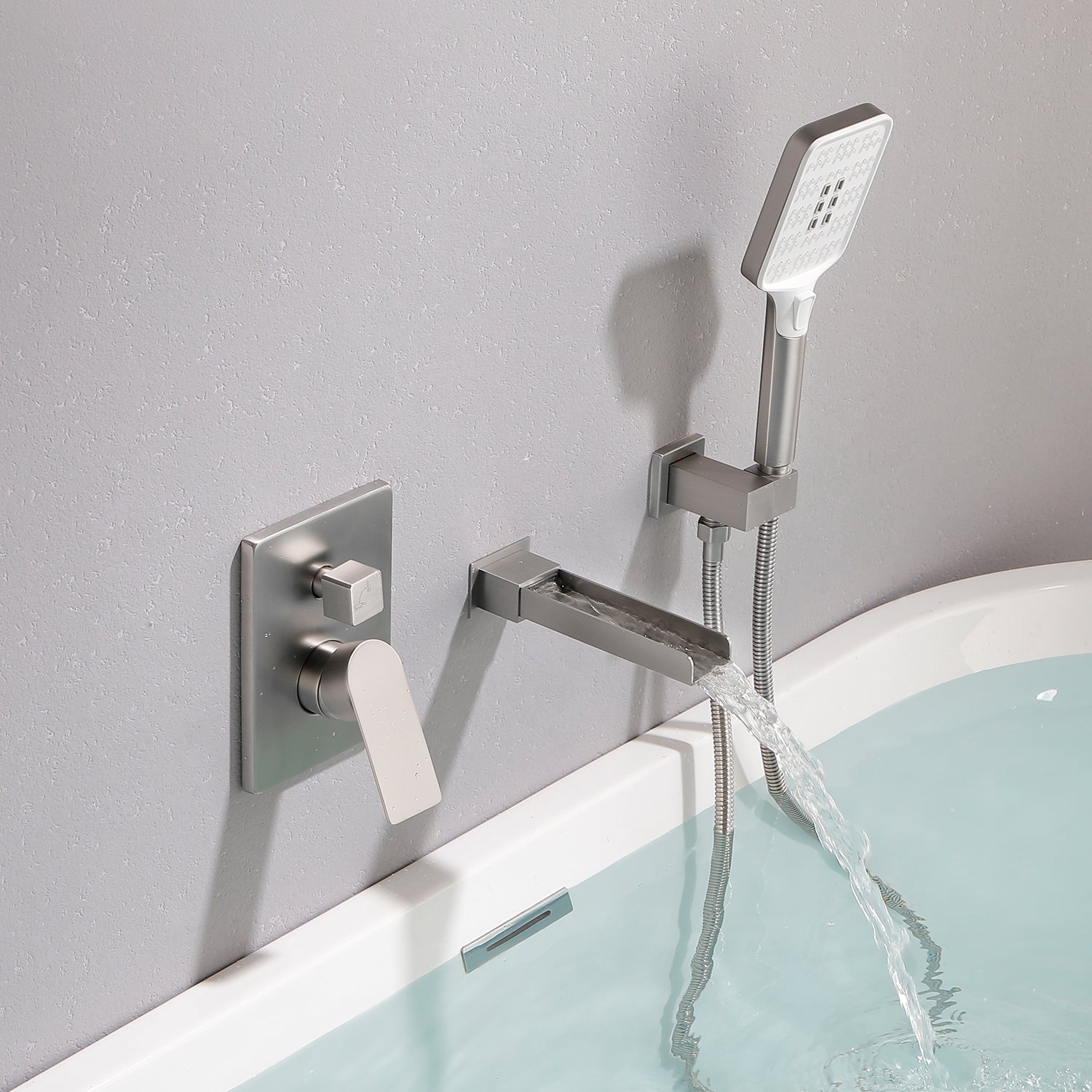 Wall Mount Waterfall Bathtub Faucets with Sprayer Tub Filler Faucet Tub Shower Faucet Set with Rough-in Valve Trim Kit