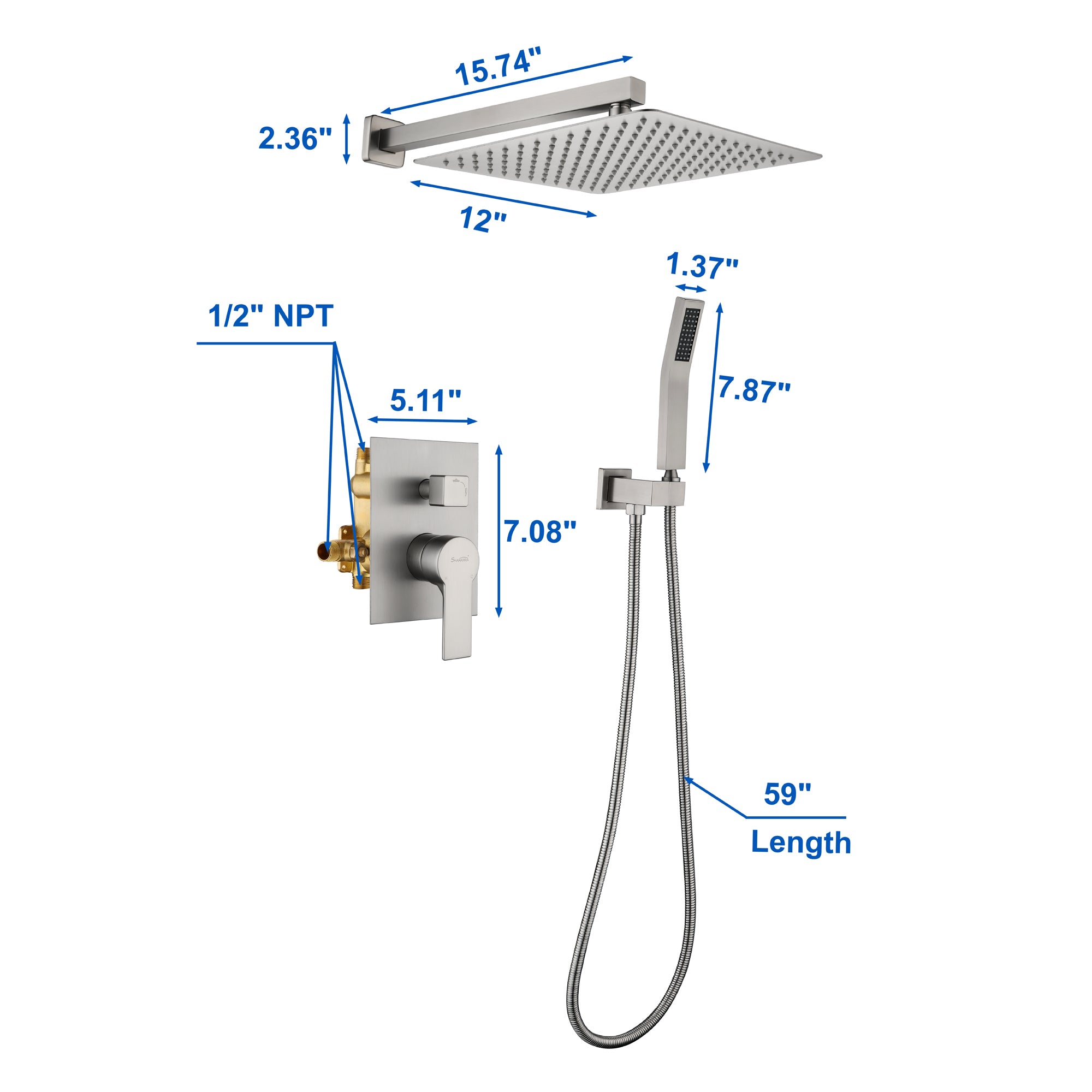Brass Rainfall Shower System, Luxuly Bathroom Shower Faucet Combo Set Brushed Champaign