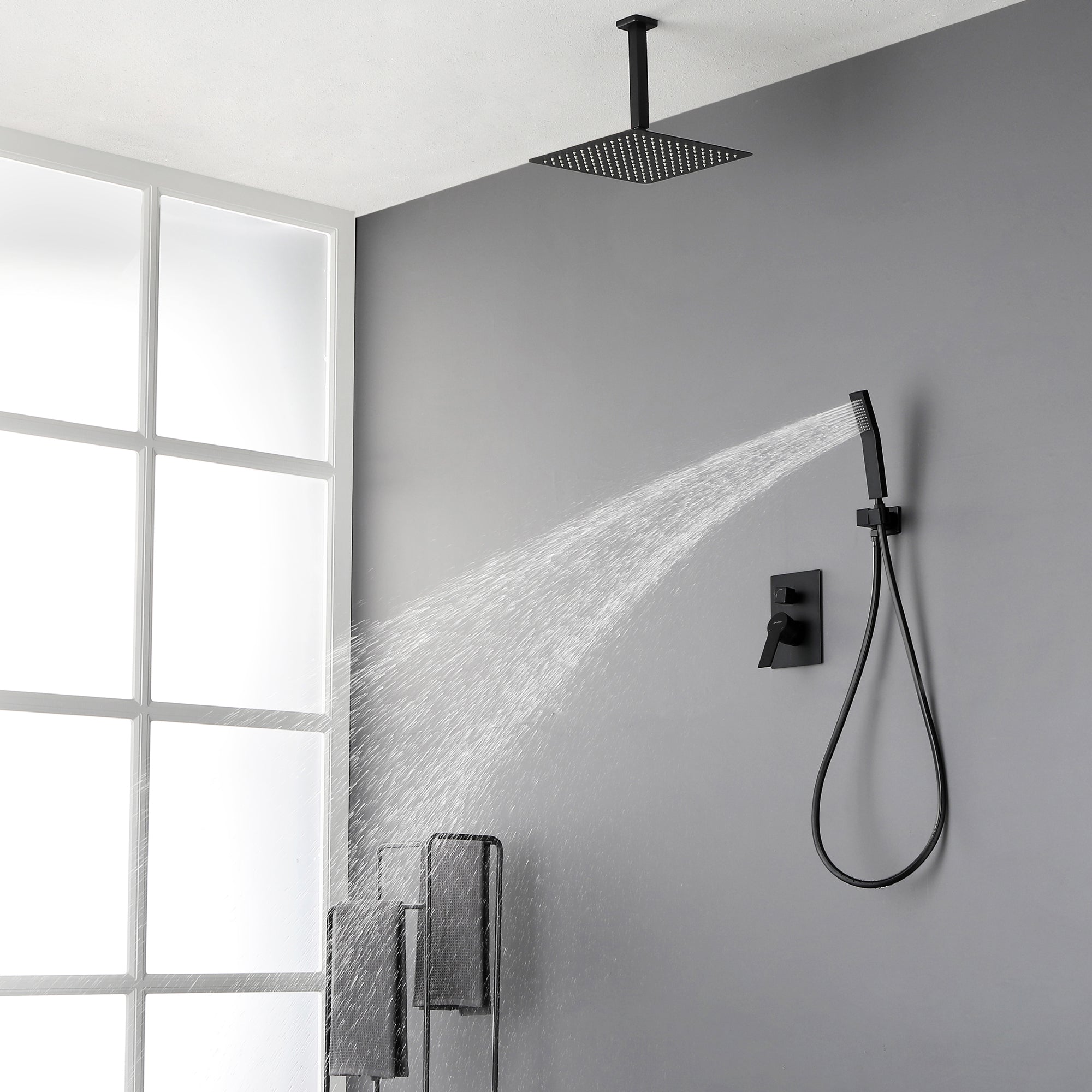 Ceiling Mounted Rain Shower System, SHAMANDA Luxury Brass Shower Faucet Set with 12 Inch Shower Head and Hand Shower