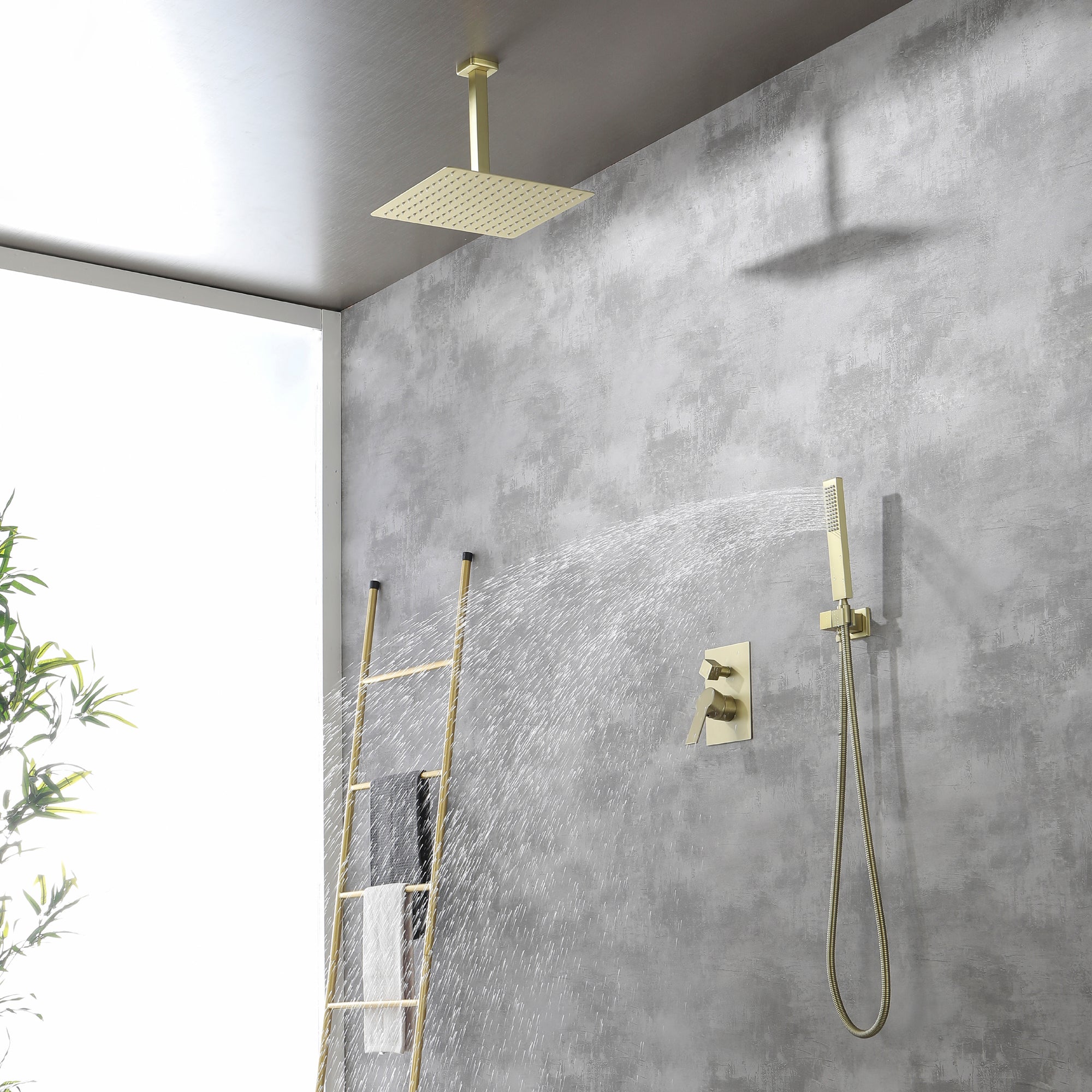 Ceiling Mounted Rain Shower System, SHAMANDA Luxury Brass Shower Faucet Set with 12 Inch Shower Head and Hand Shower