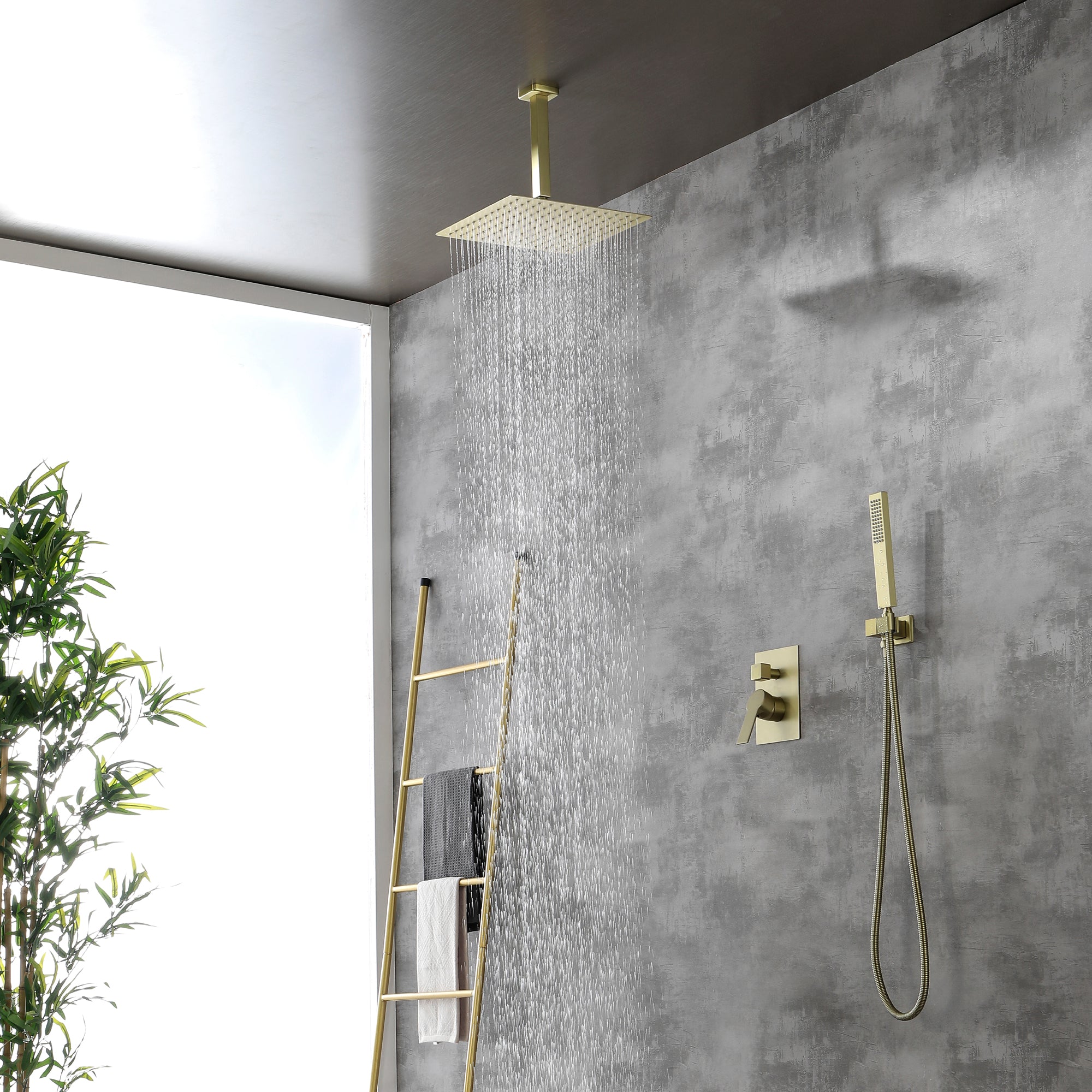 Ceiling Mounted Rain Shower System, SHAMANDA Luxury Brass Shower Faucet Set with 12 Inch Shower Head and Hand Shower