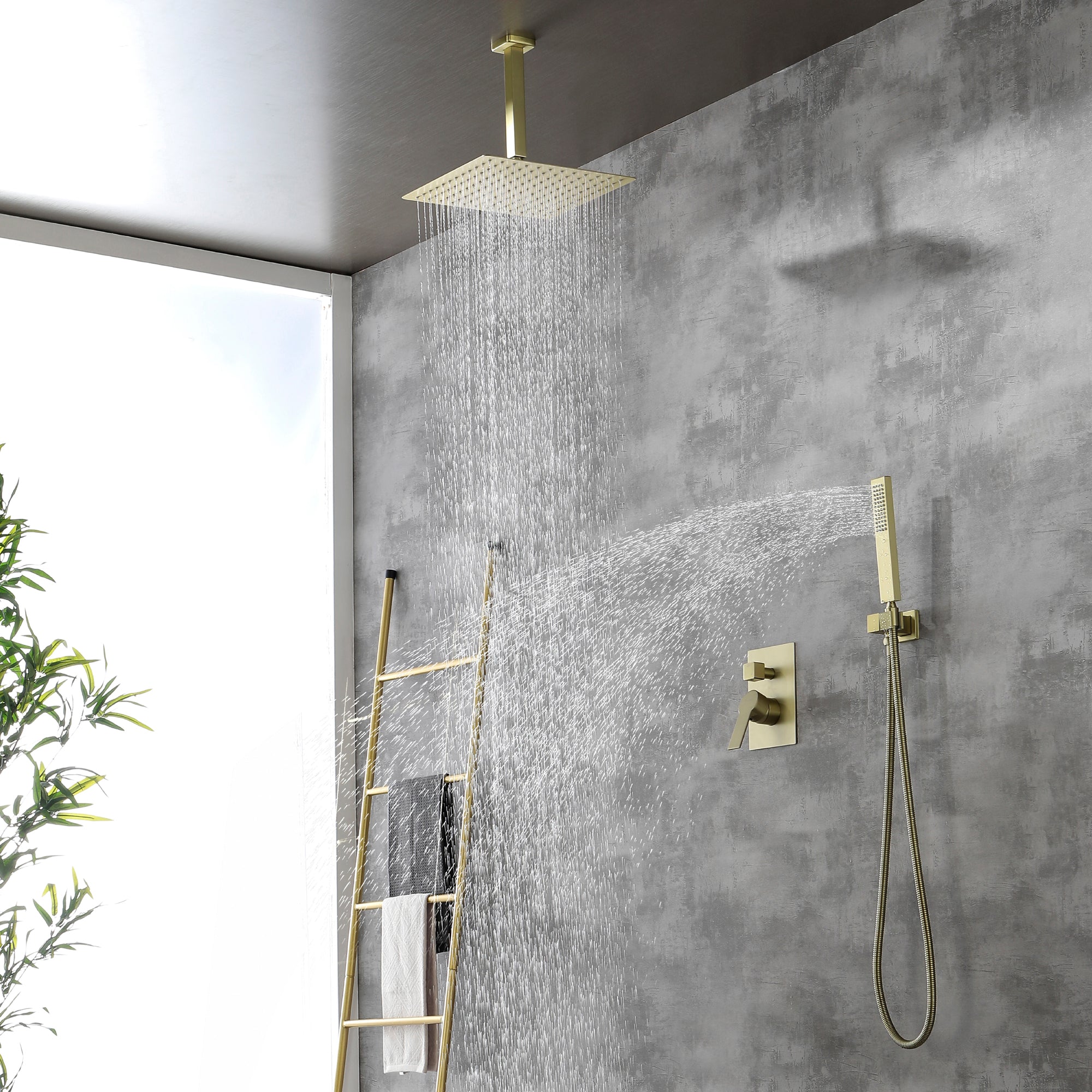 Ceiling Mounted Rain Shower System, SHAMANDA Luxury Brass Shower Faucet Set with 12 Inch Shower Head and Hand Shower