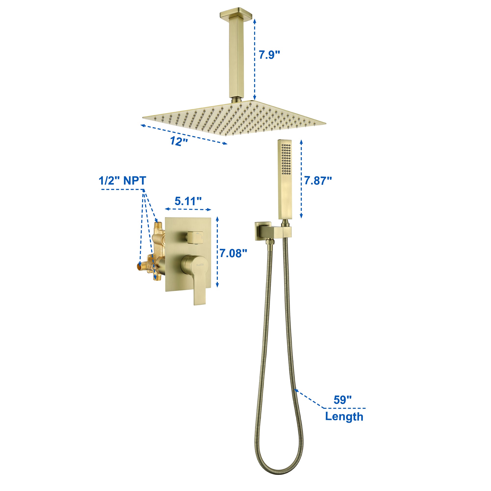 Ceiling Mounted Rain Shower System, SHAMANDA Luxury Brass Shower Faucet Set with 12 Inch Shower Head and Hand Shower