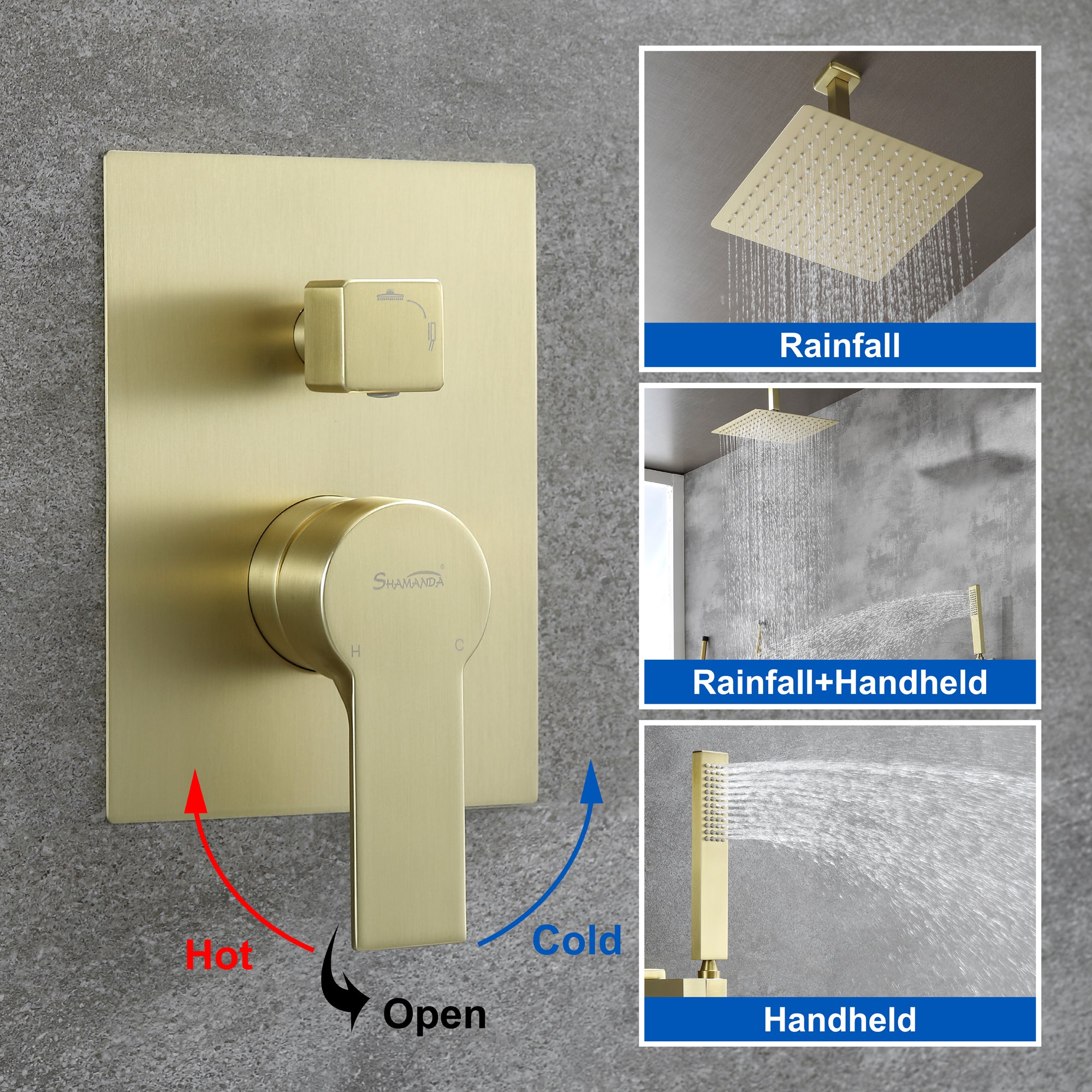 Ceiling Mounted Rain Shower System, SHAMANDA Luxury Brass Shower Faucet Set with 12 Inch Shower Head and Hand Shower