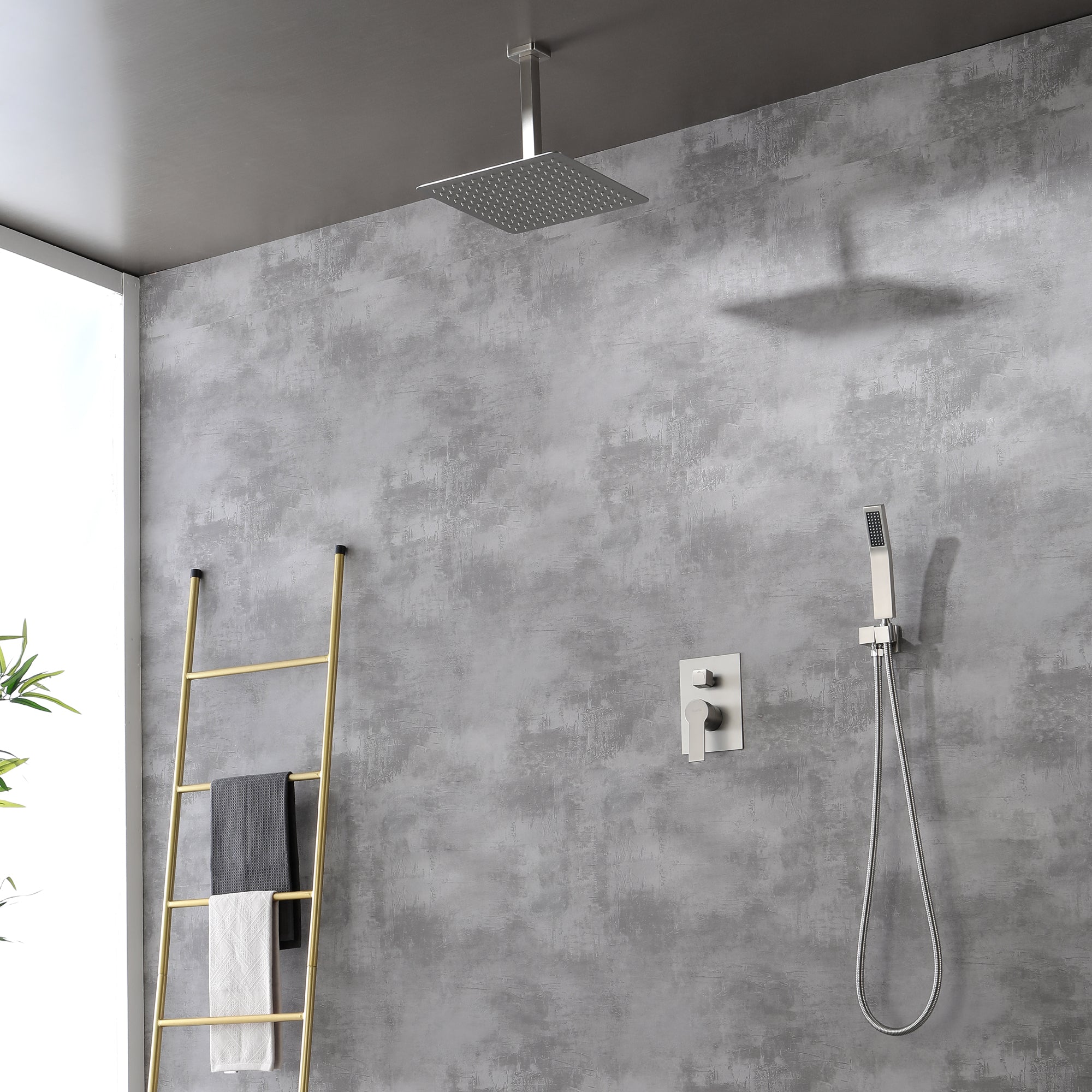 Ceiling Mounted Rain Shower System, SHAMANDA Luxury Brass Shower Faucet Set with 12 Inch Shower Head and Hand Shower