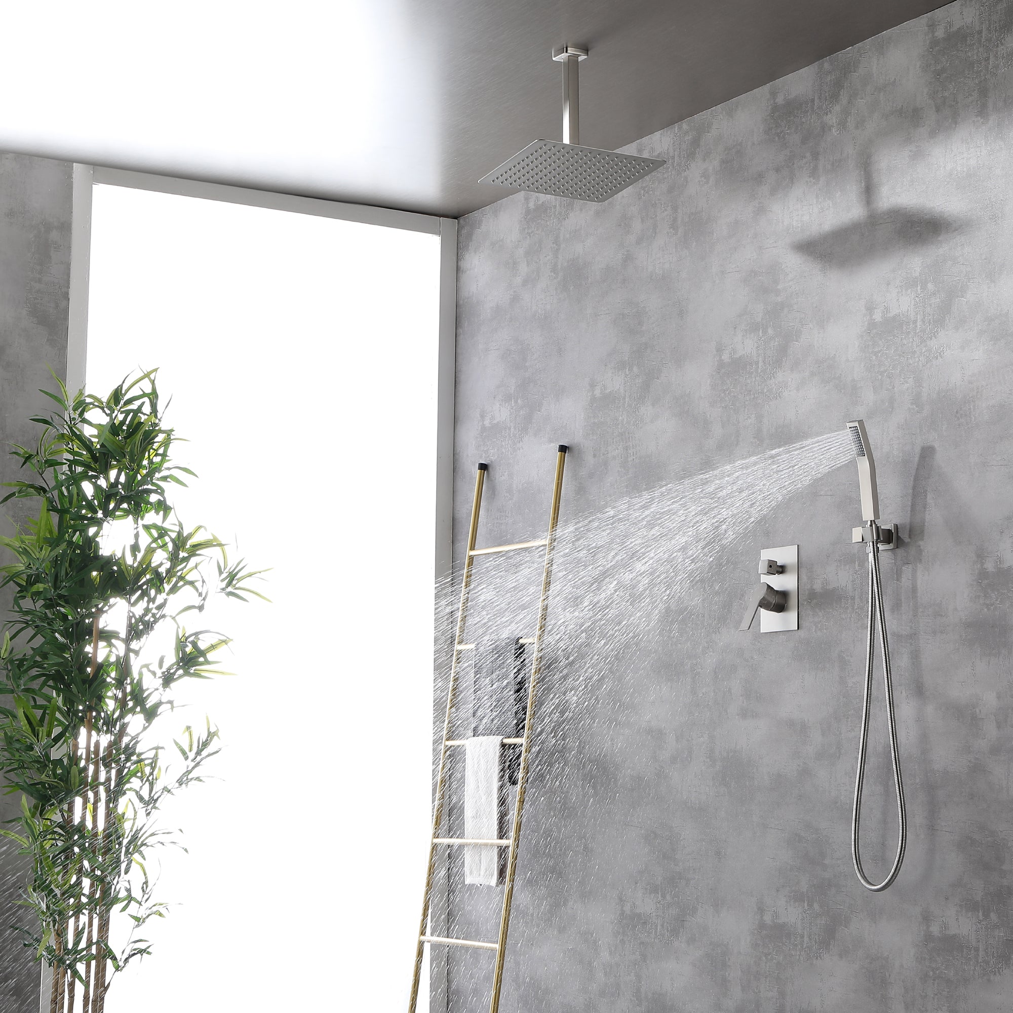 Ceiling Mounted Rain Shower System, SHAMANDA Luxury Brass Shower Faucet Set with 12 Inch Shower Head and Hand Shower