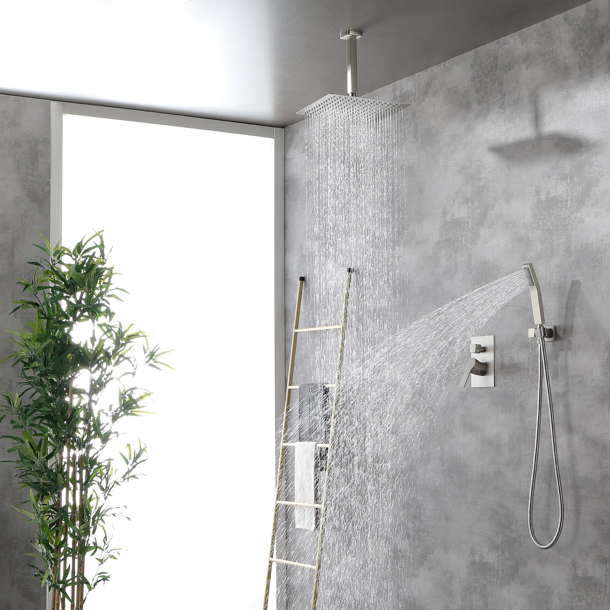 Ceiling Mounted Rain Shower System, SHAMANDA Luxury Brass Shower Faucet Set with 12 Inch Shower Head and Hand Shower