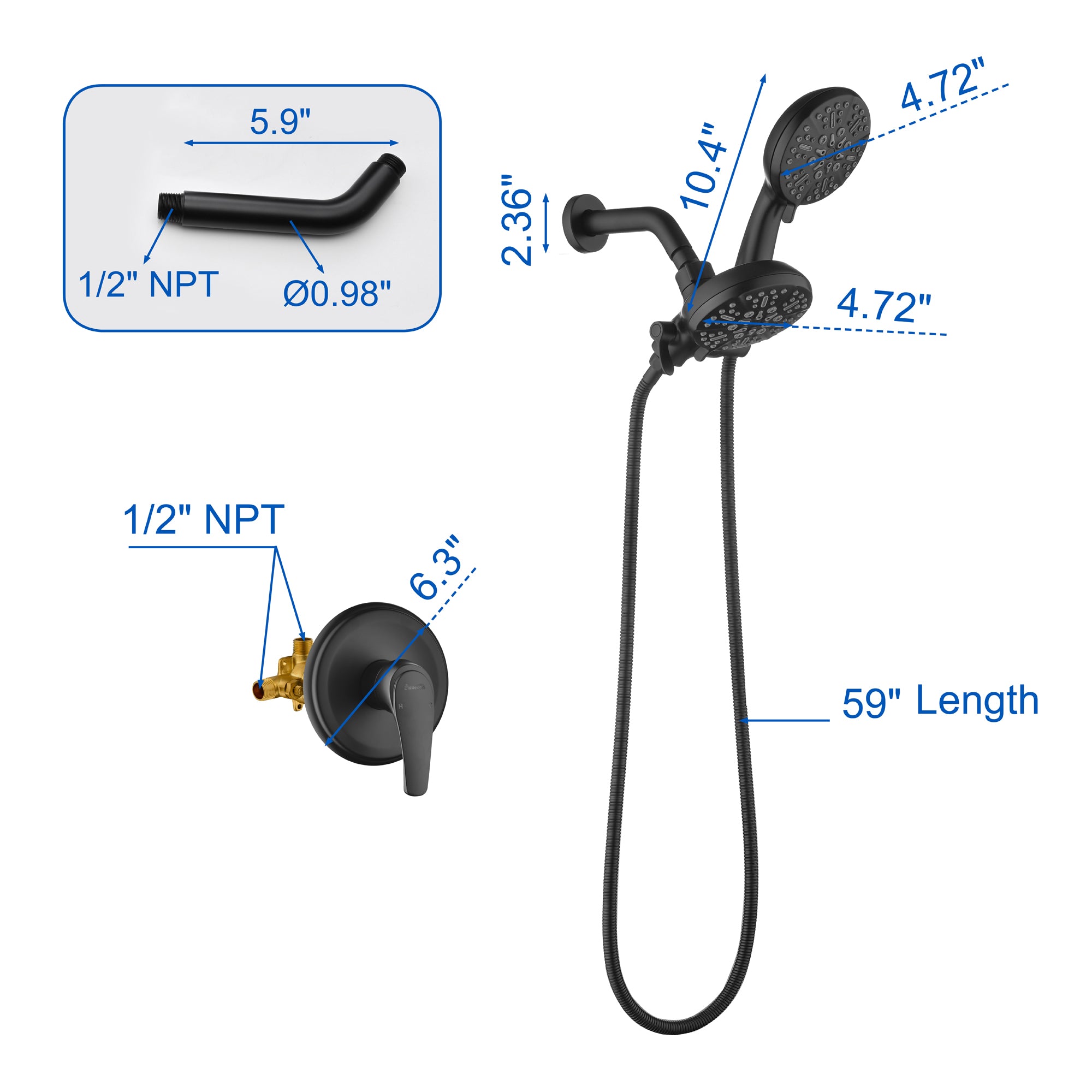 Dual-Function Shower Faucet Set with Valve Bathroom High Pressure 35 Setting Dual 2 in 1 Shower System with Handheld Showerhead 3-way Water Diverter Shower