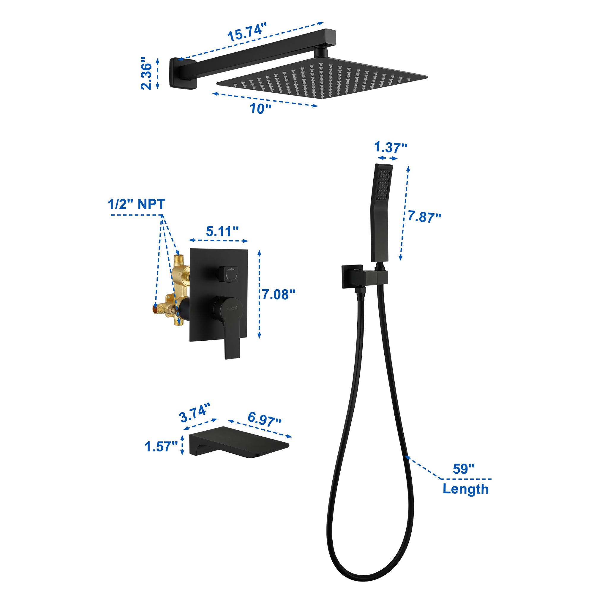 Shower System with Waterfall Tub Spout and Handheld Shower Head, 10" Rain Shower Faucet Sets