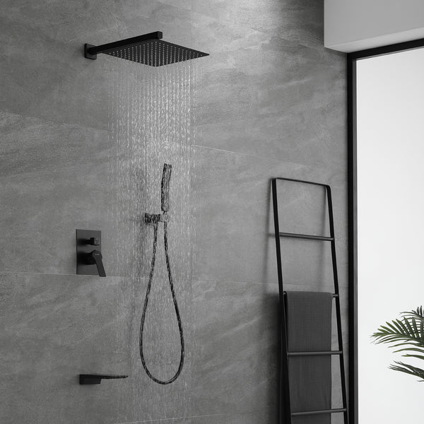 55 inch 3- Jet Stainless Steel Shower Panel System with Rainfall, Waterfall Shower Head, Tub Spout & Handheld Shower - Matte Black Finish