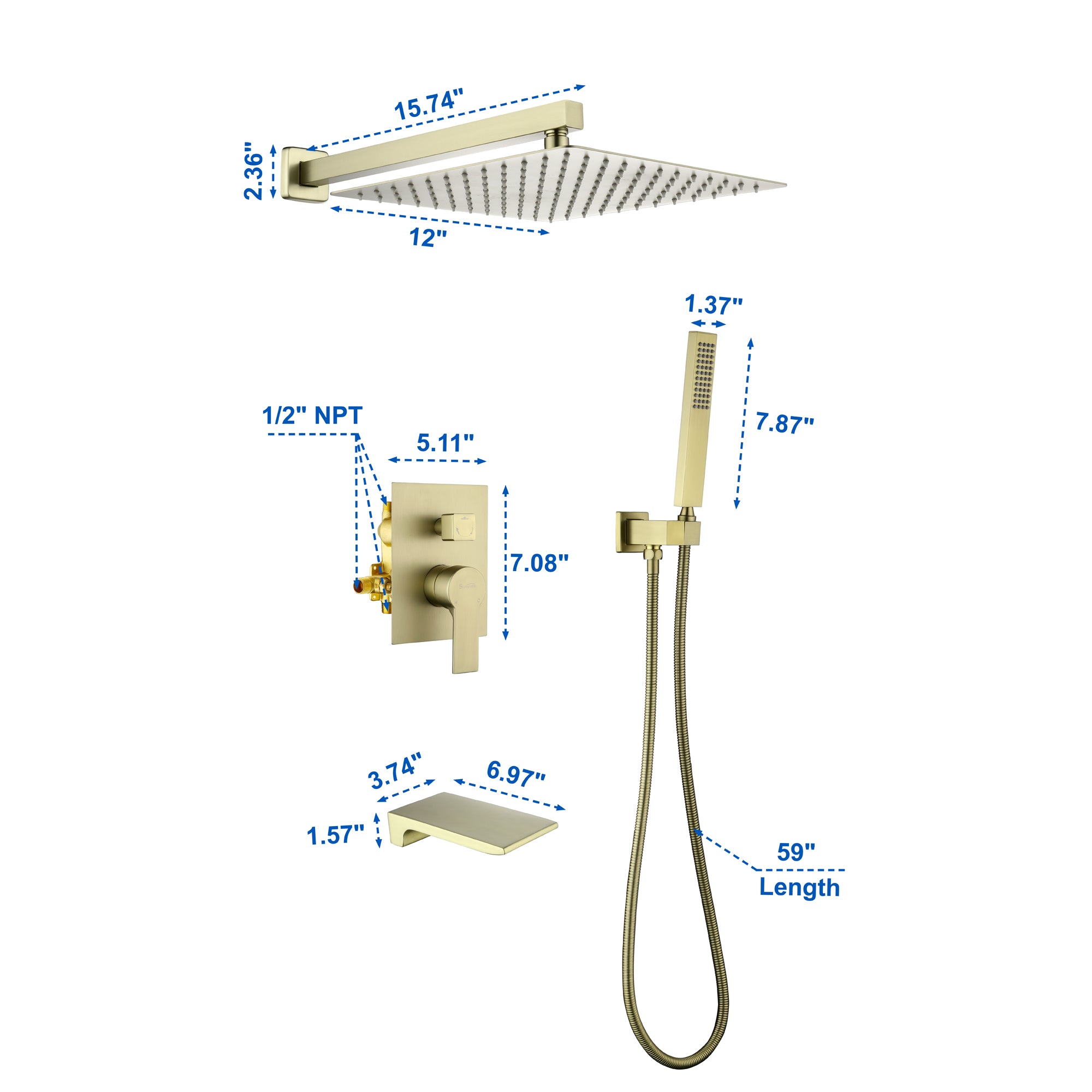 Shower System with Waterfall Tub Spout and Handheld Shower Head, 10" Rain Shower Faucet Sets