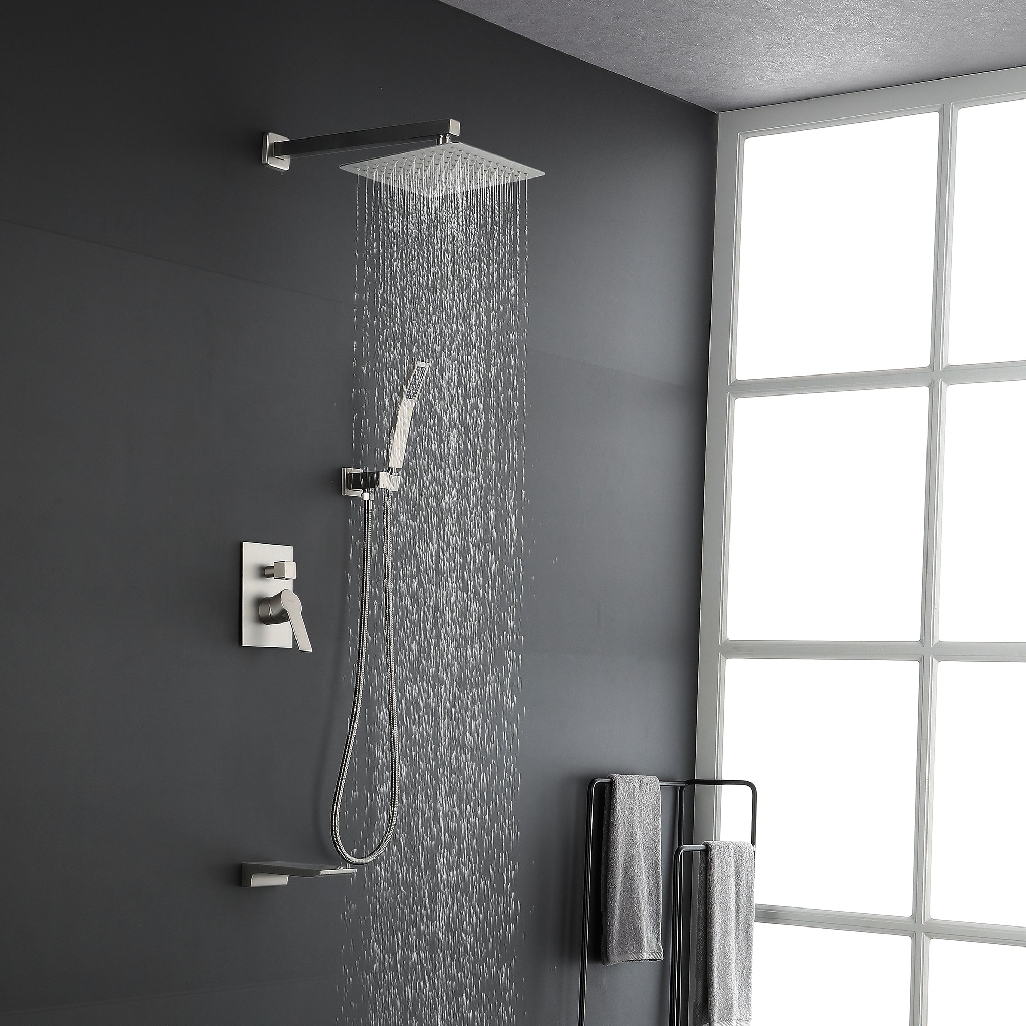 Shower System with Waterfall Tub Spout and Handheld Shower Head, 10" Rain Shower Faucet Sets