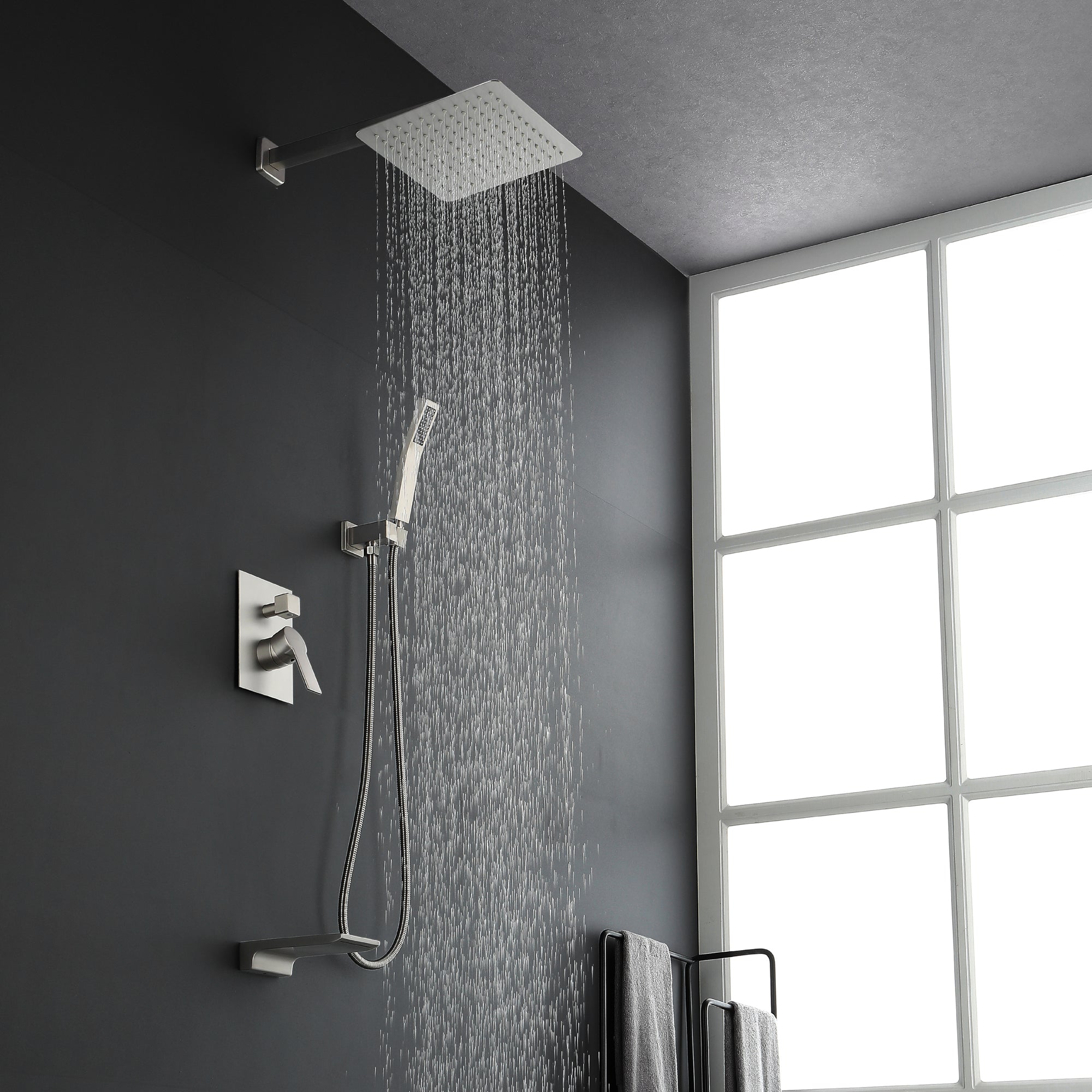 Shower System with Waterfall Tub Spout and Handheld Shower Head, 10" Rain Shower Faucet Sets