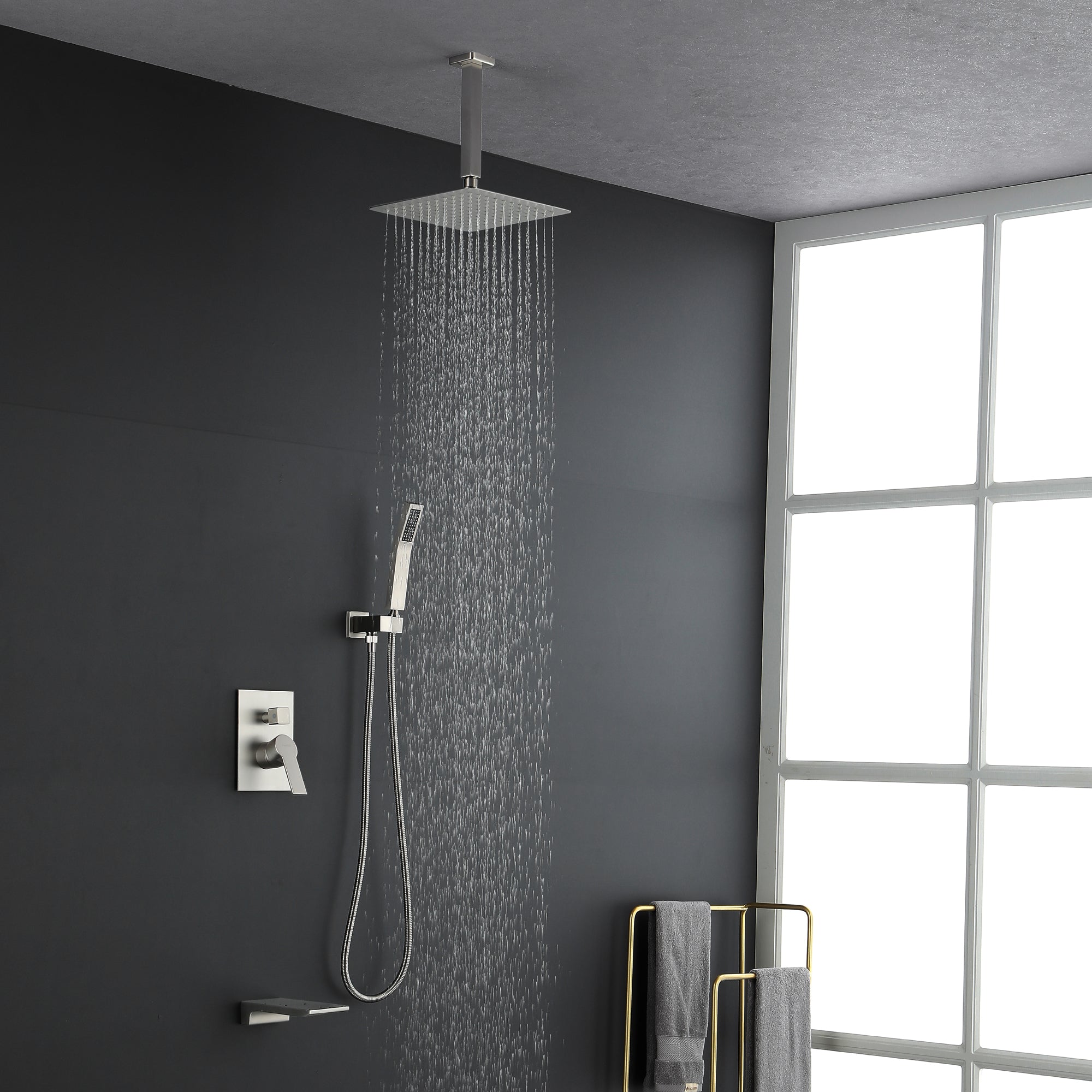 Ceiling Mounted Rain Shower System, Handheld Shower Head, 12" Rain Shower Faucet Sets