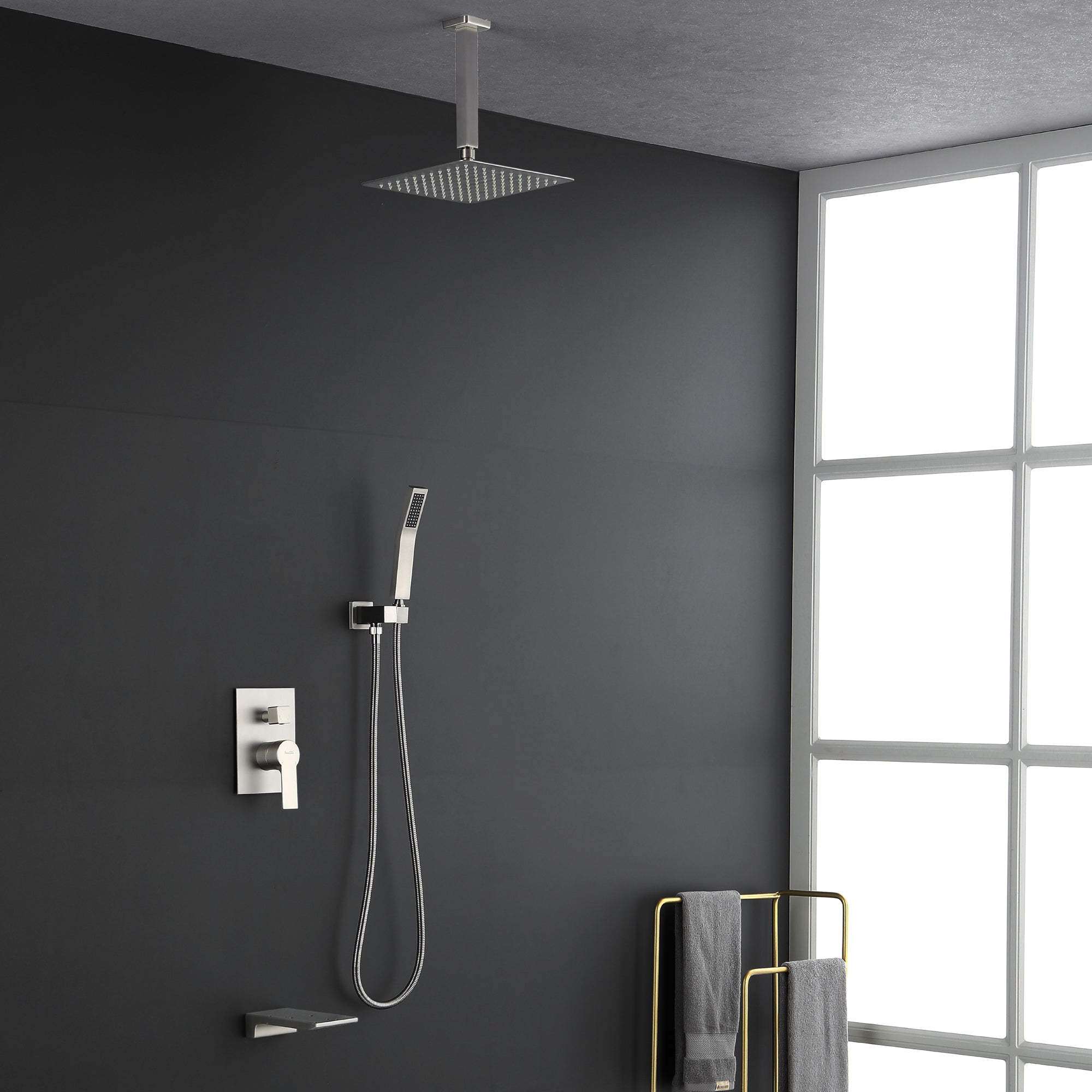 Ceiling Mounted Rain Shower System, Handheld Shower Head, 12" Rain Shower Faucet Sets